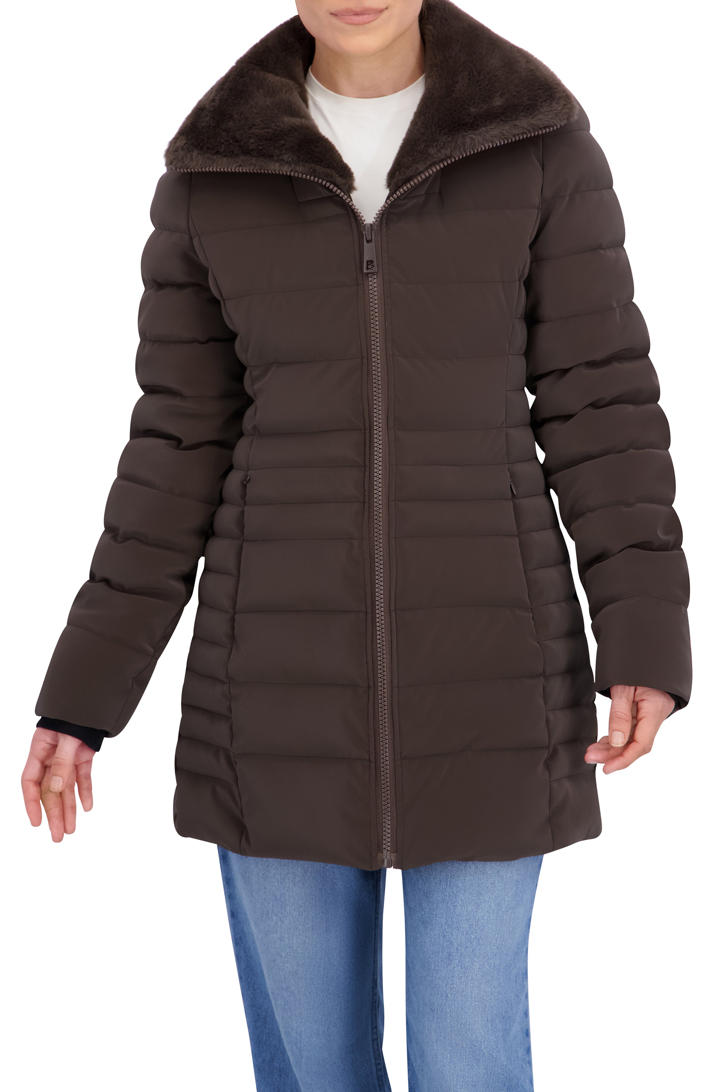 Quilted Carbon Puffer Stadium Coat w/Faux Fur Collar