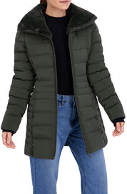Quilted Carbon Puffer Stadium Coat w/Faux Fur Collar