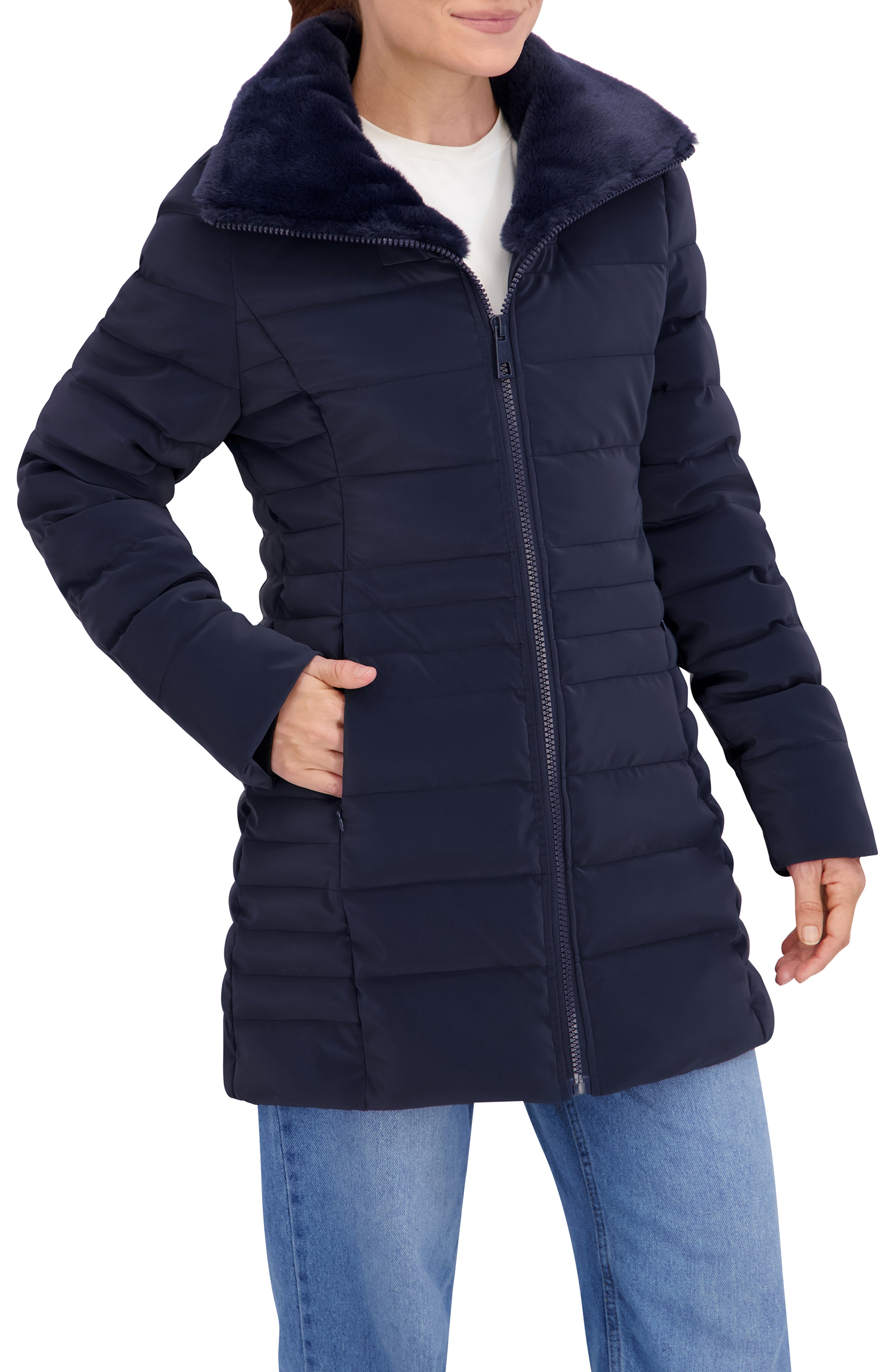 Quilted Carbon Puffer Stadium Coat w/Faux Fur Collar