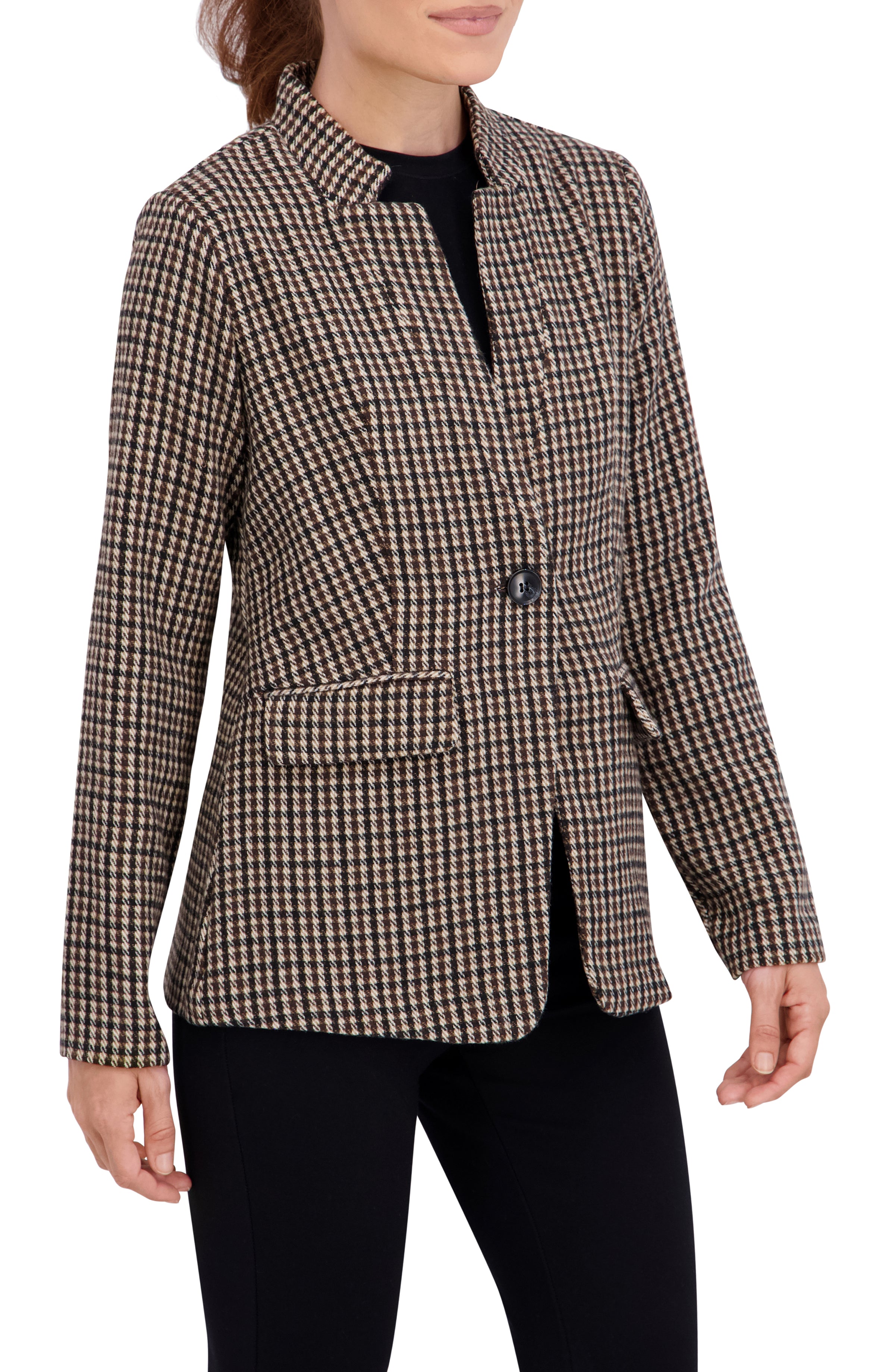 Inverted Collar Plaid One Button Unlined Blazer
