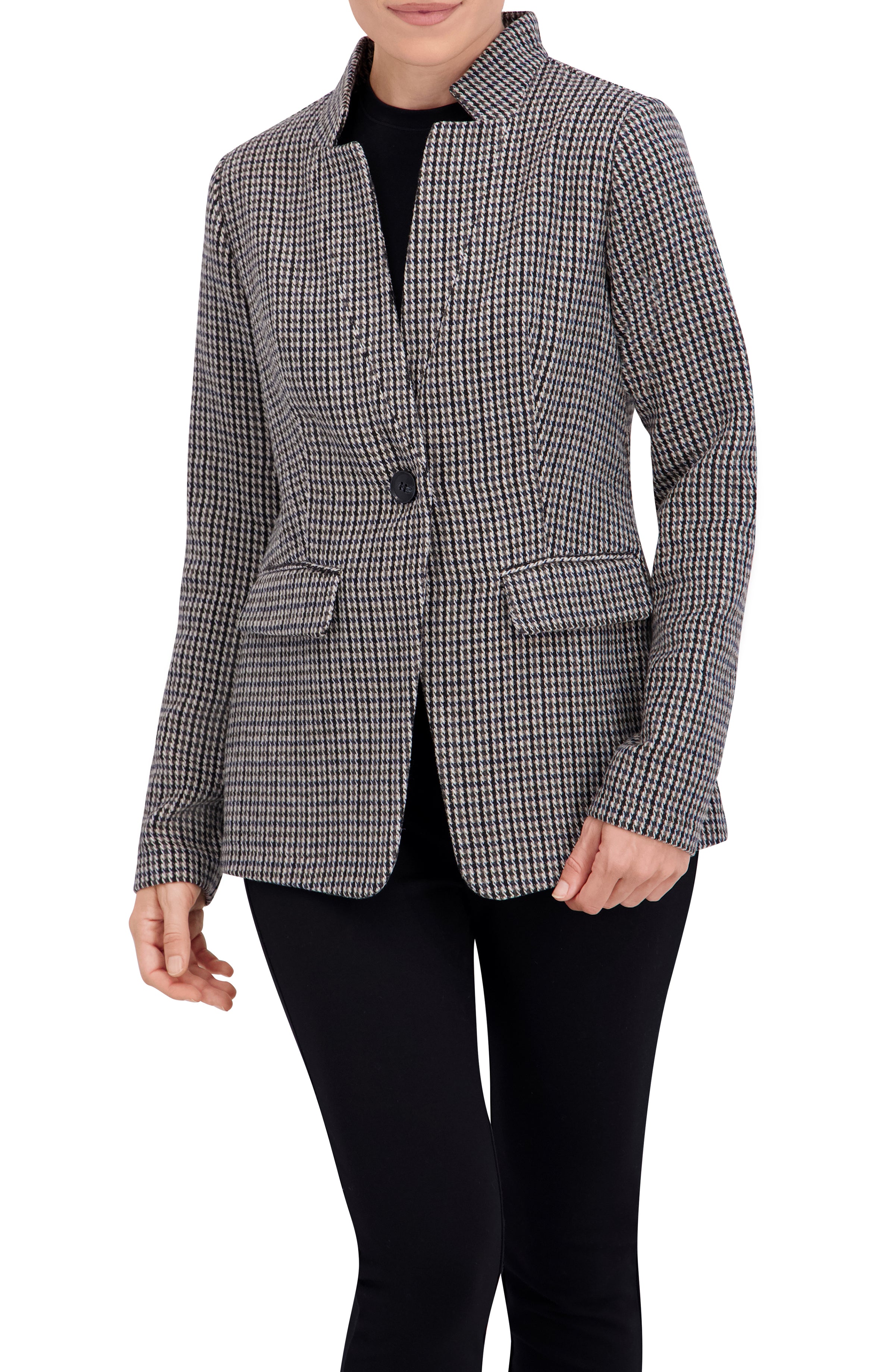 Inverted Collar Plaid One Button Unlined Blazer