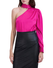 OL621025 - One Shoulder Puff Sleeve Satin Top - Ookie & Lala