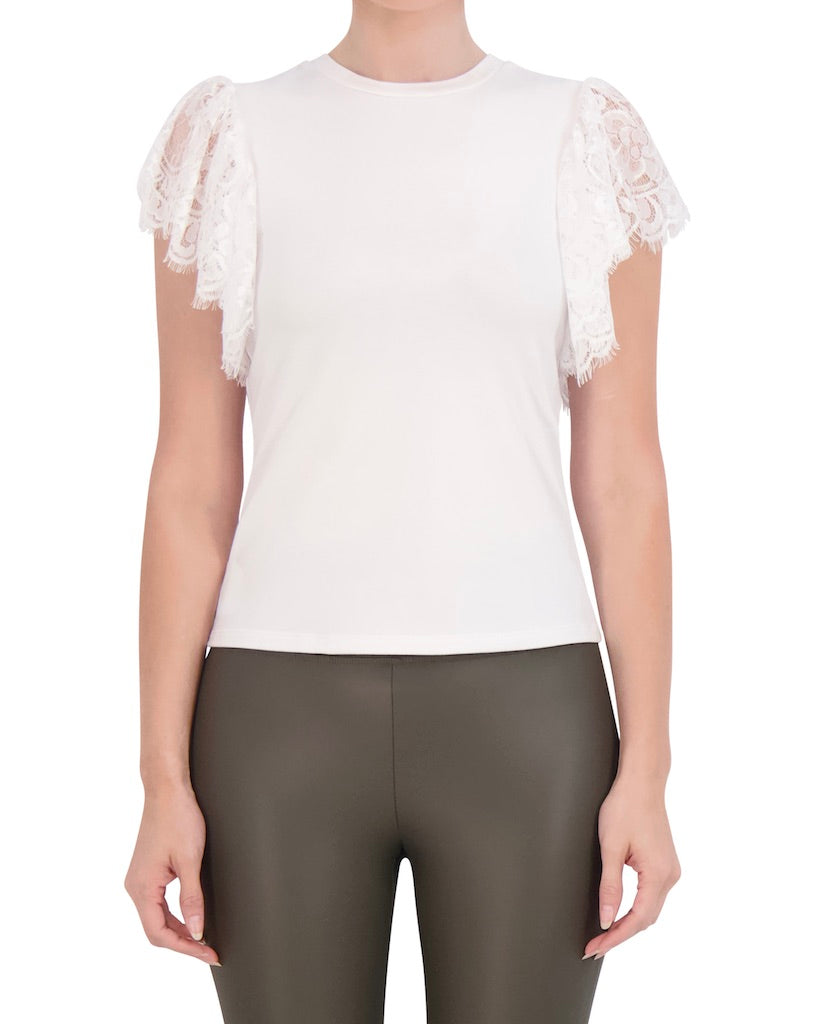 Crew Neck Top with Lace Shoulder Detail