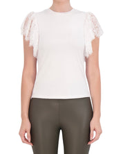 Crew Neck Top with Lace Shoulder Detail