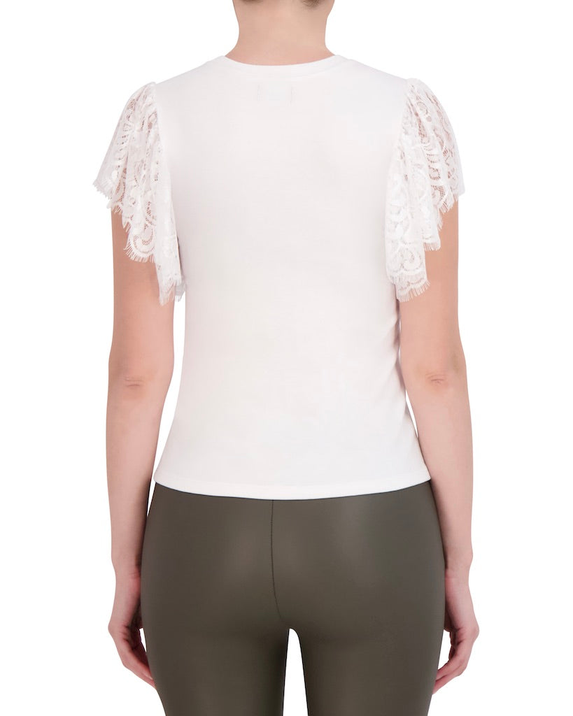 Crew Neck Top with Lace Shoulder Detail
