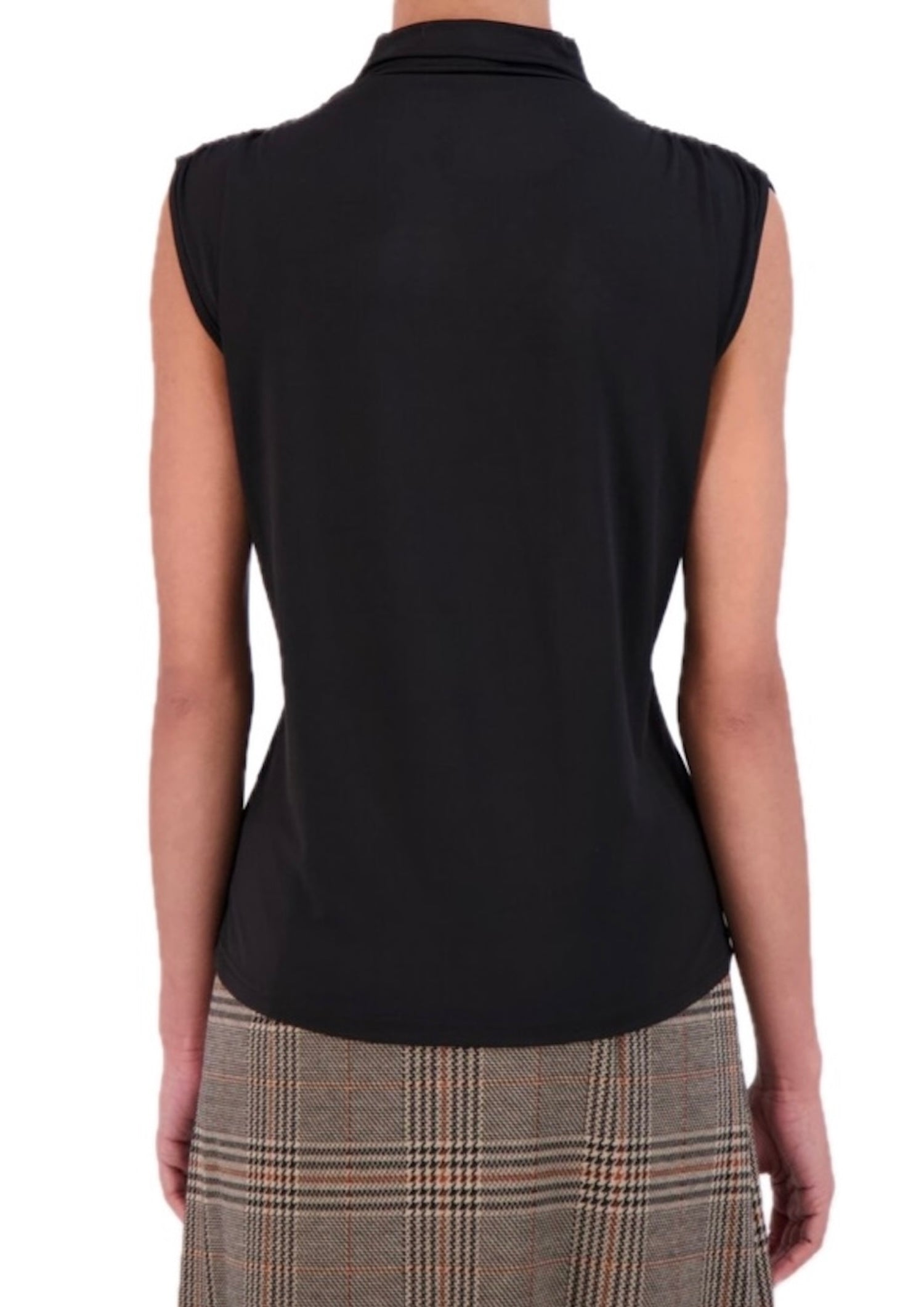 Sleeveless mock turtleneck blouse with rouching detail