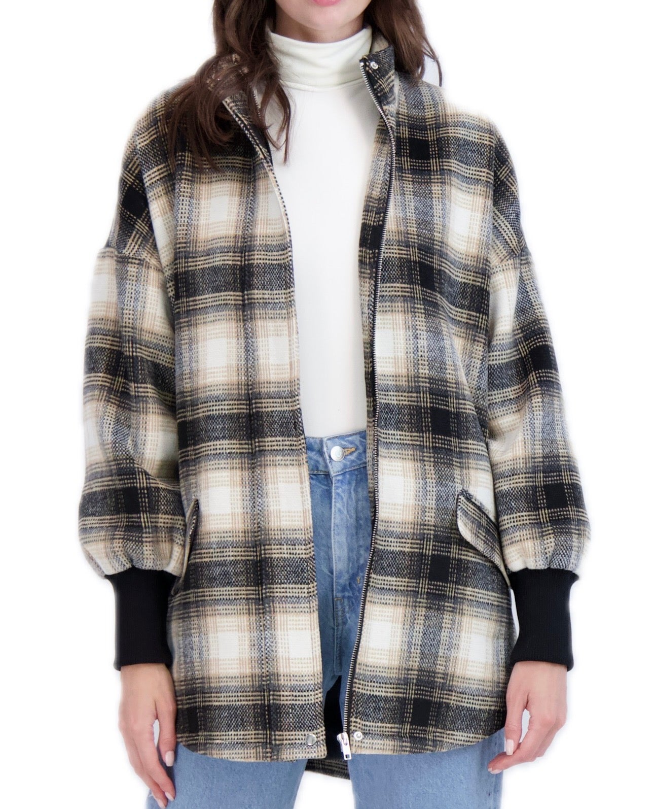 Zip Front Vegan Cashmere Plaid Jacket with Drop Shoulder & Rib Cuffs