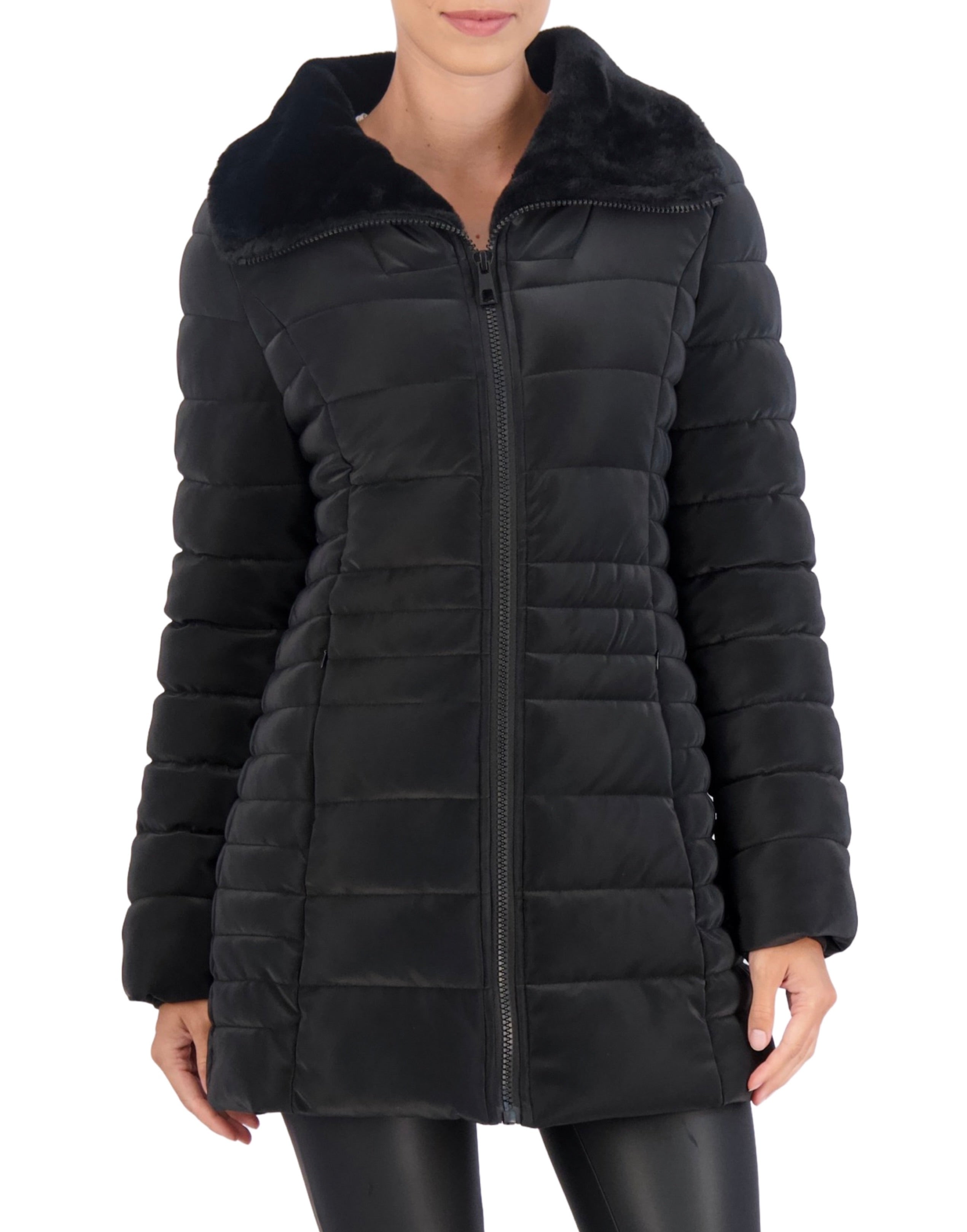 Faux Fur Trim Carbon Puffer Jacket