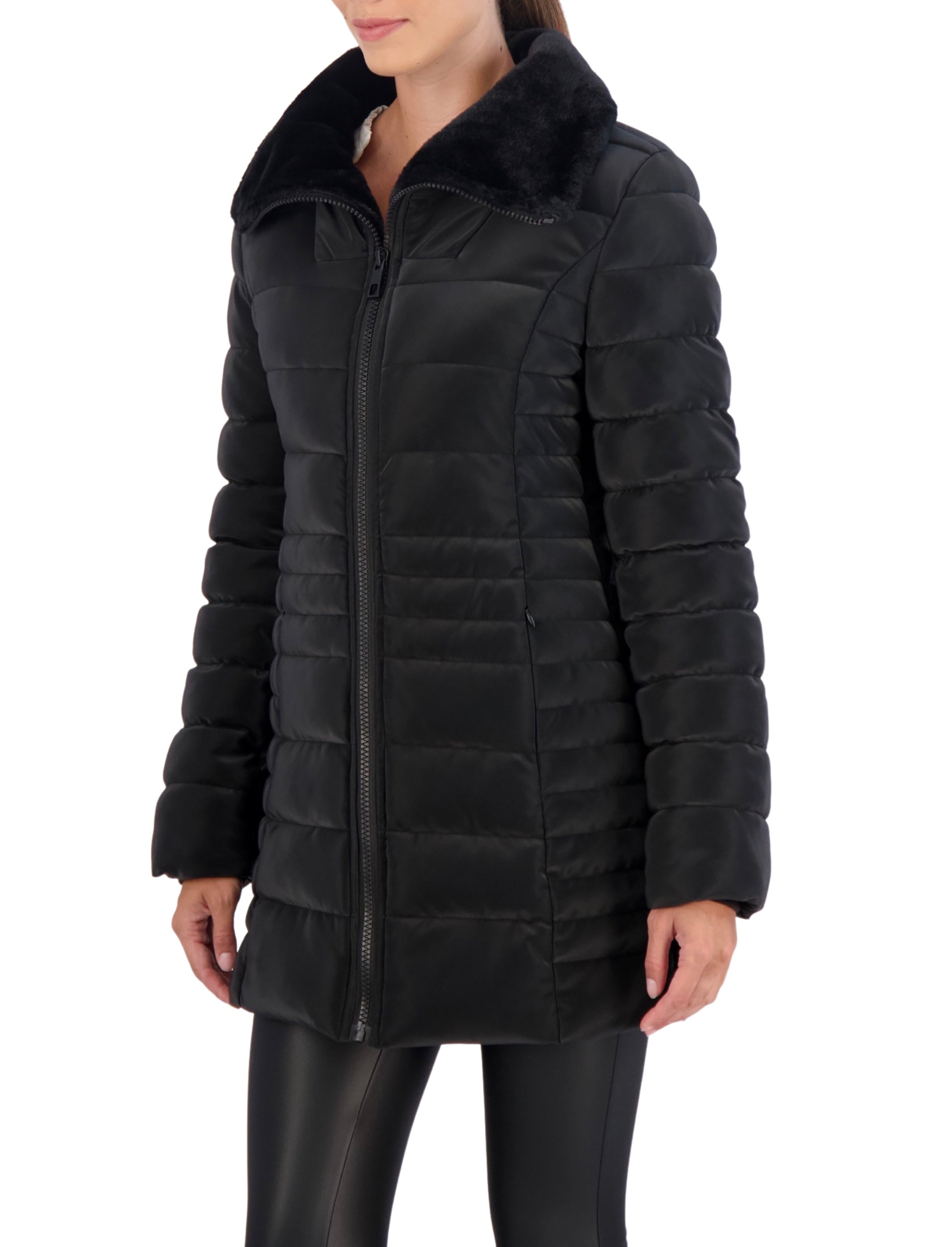 Faux Fur Trim Carbon Puffer Jacket