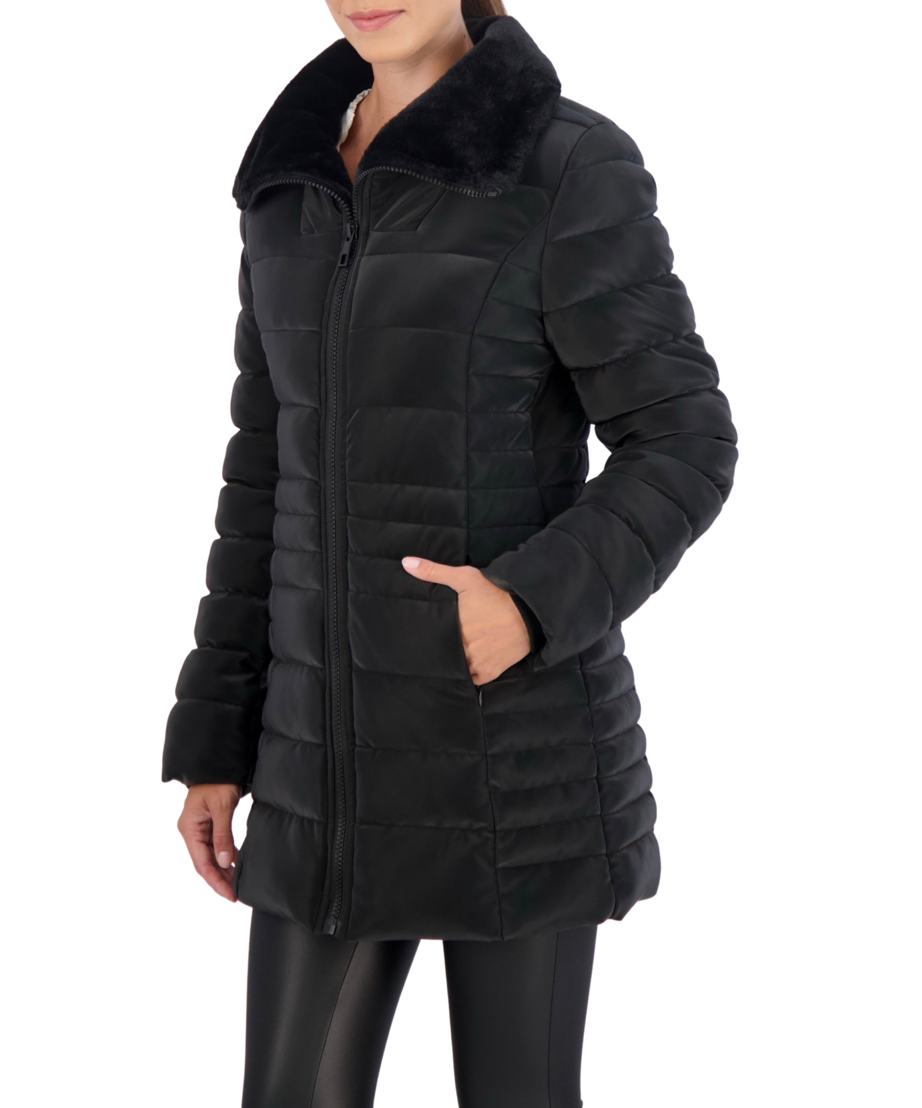 Faux Fur Trim Carbon Puffer Jacket