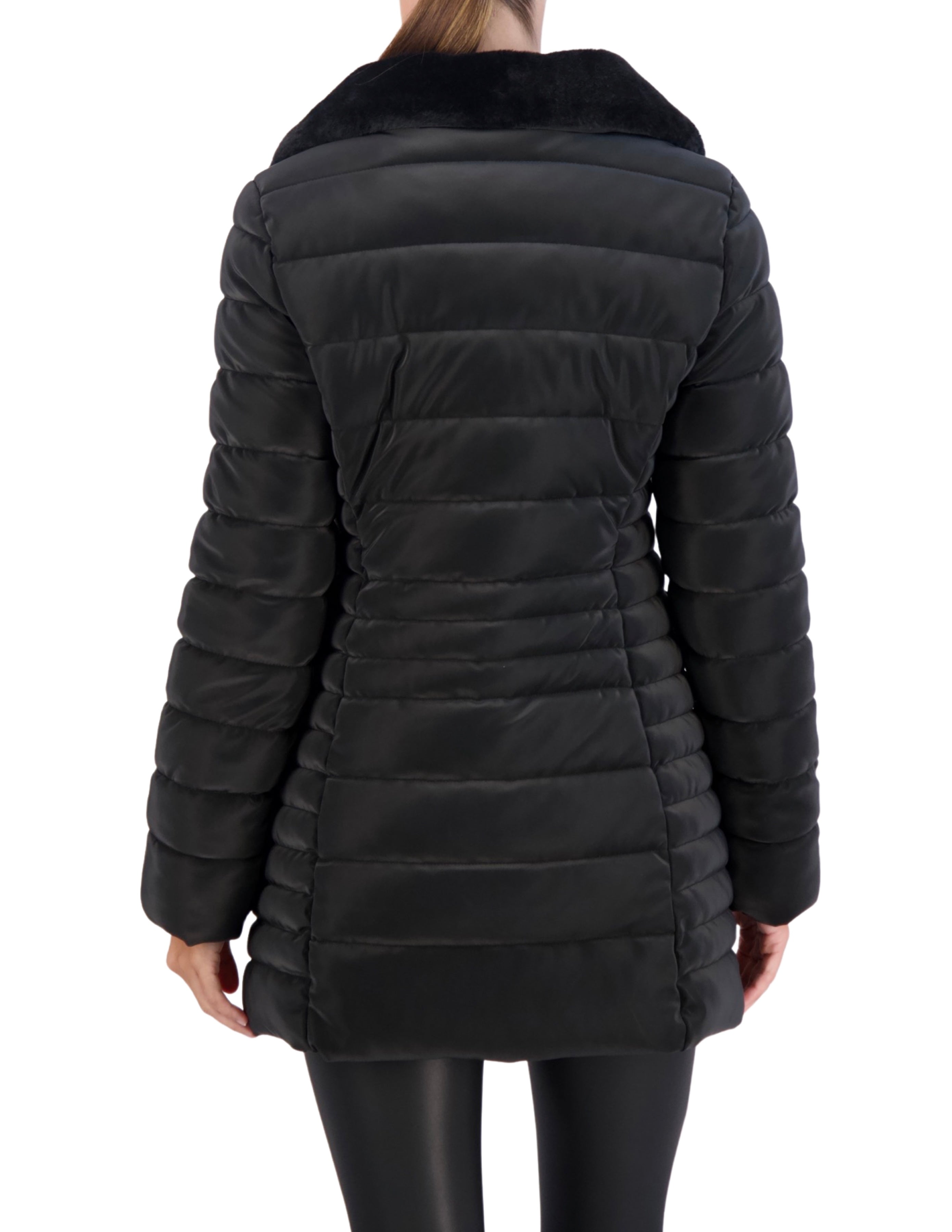 Faux Fur Trim Carbon Puffer Jacket