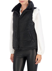 Carbon Puffer Vest Reversible to Grooved Faux Fur