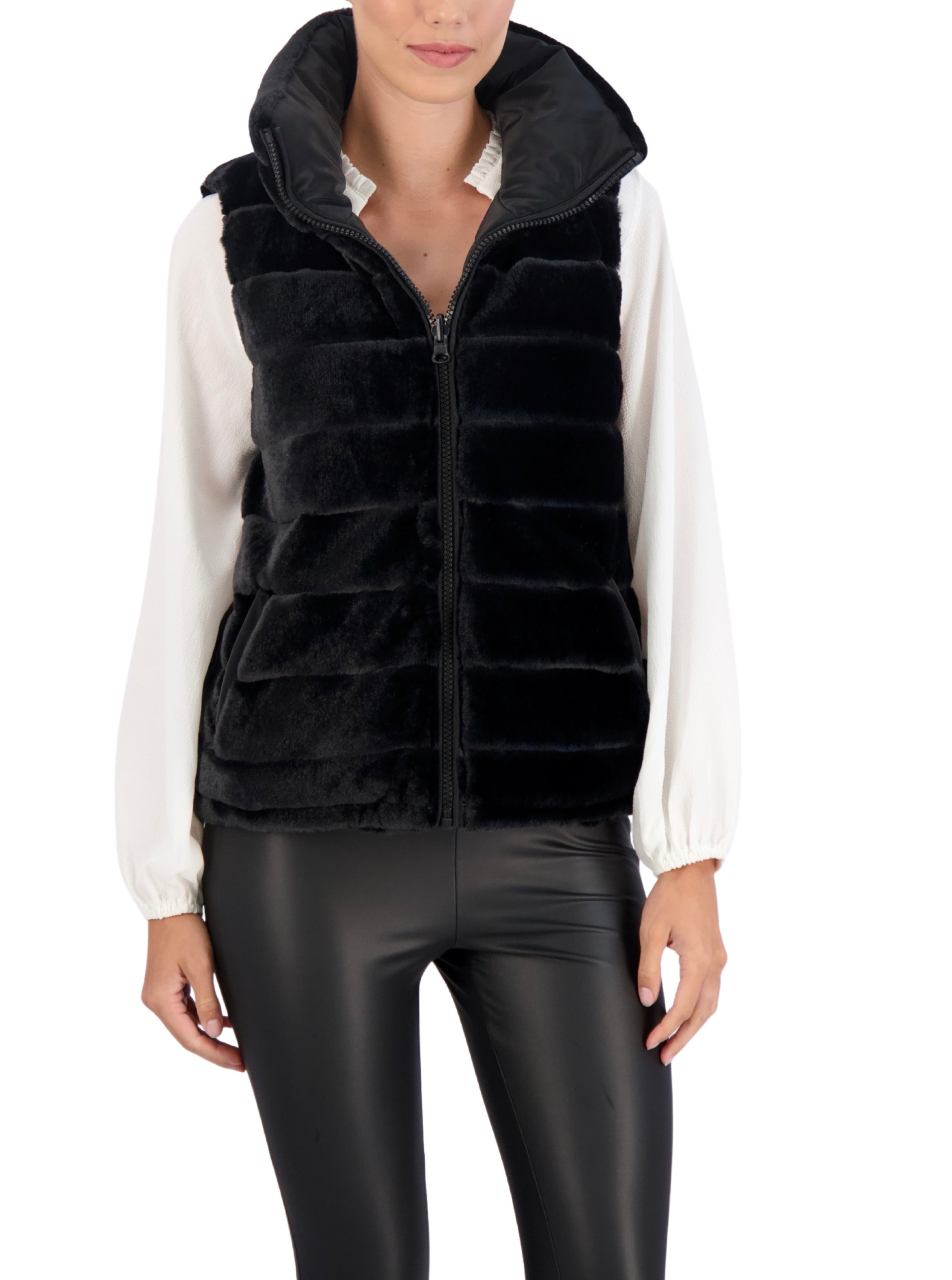 Carbon Puffer Vest Reversible to Grooved Faux Fur