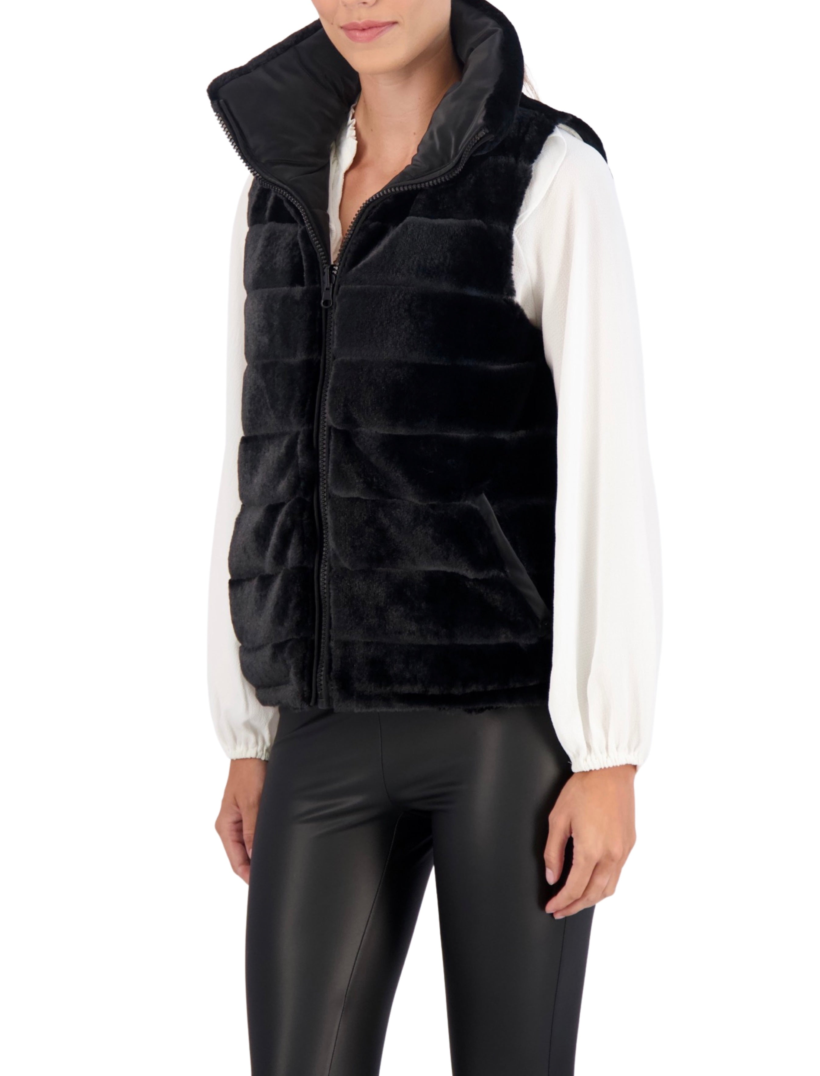 Carbon Puffer Vest Reversible to Grooved Faux Fur