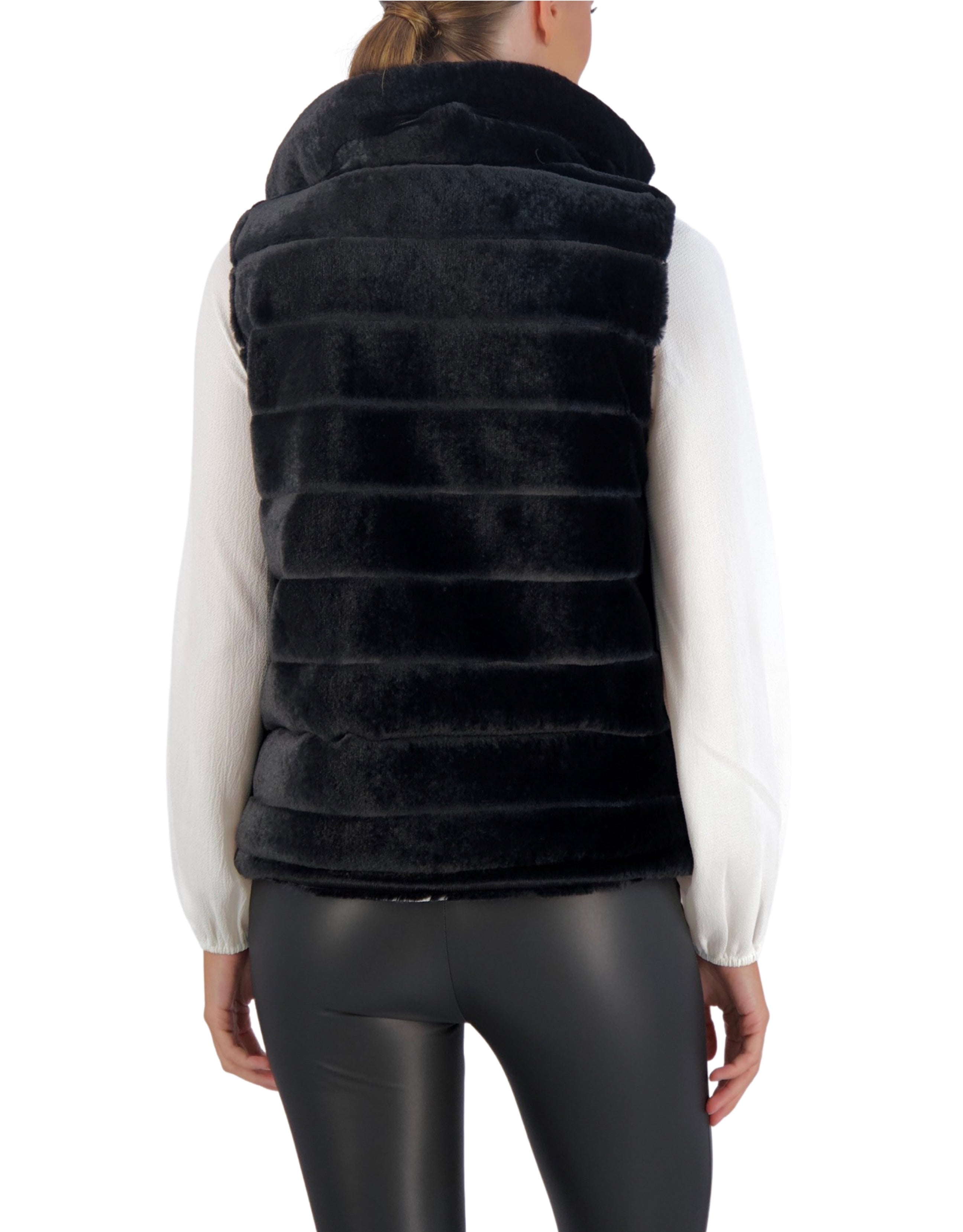 Carbon Puffer Vest Reversible to Grooved Faux Fur
