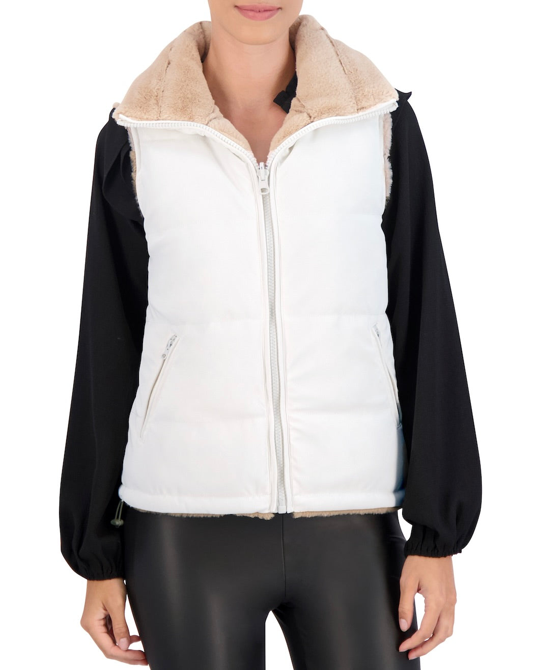 Carbon Puffer Vest Reversible to Grooved Faux Fur