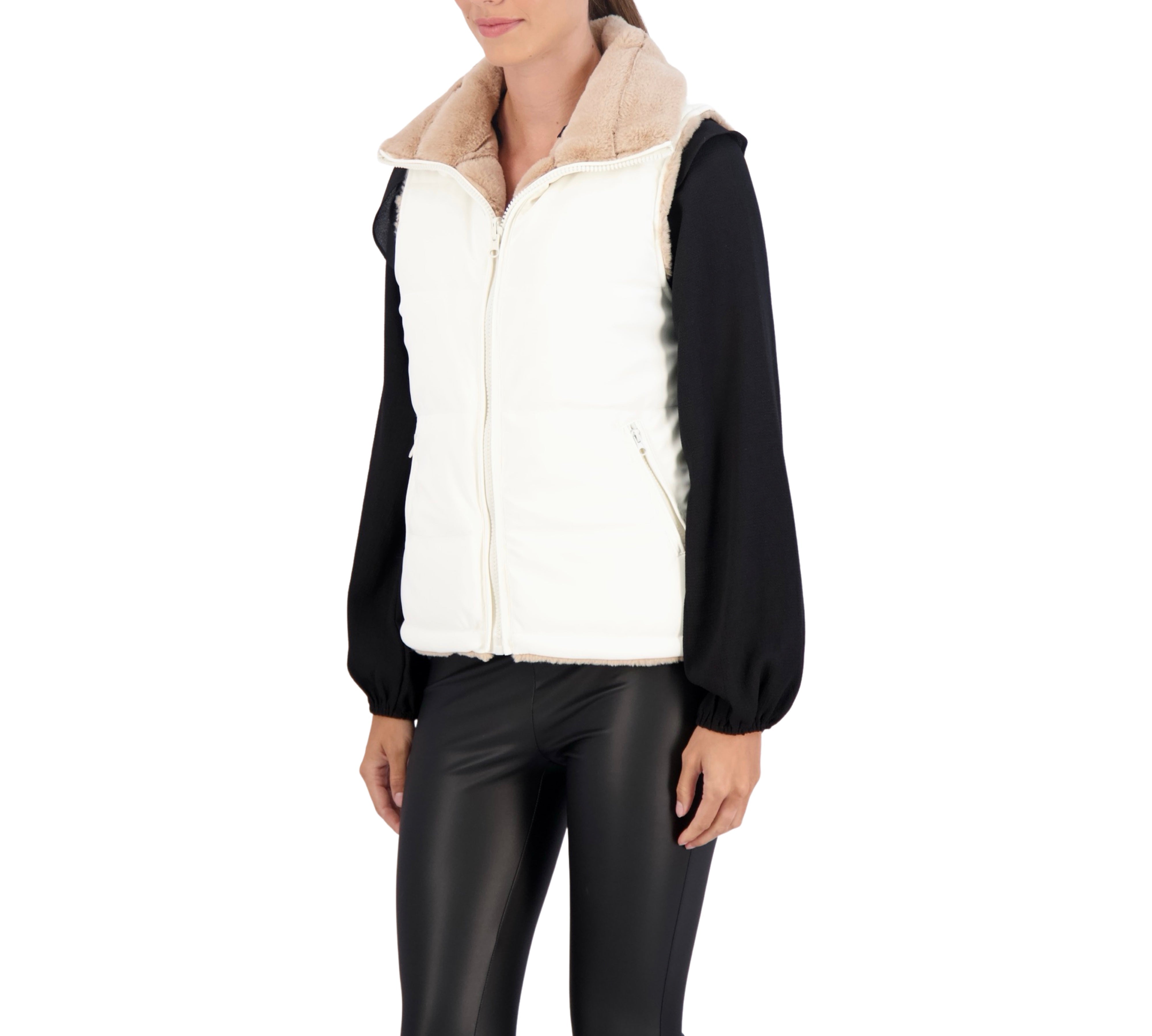 Carbon Puffer Vest Reversible to Grooved Faux Fur