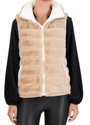 Carbon Puffer Vest Reversible to Grooved Faux Fur