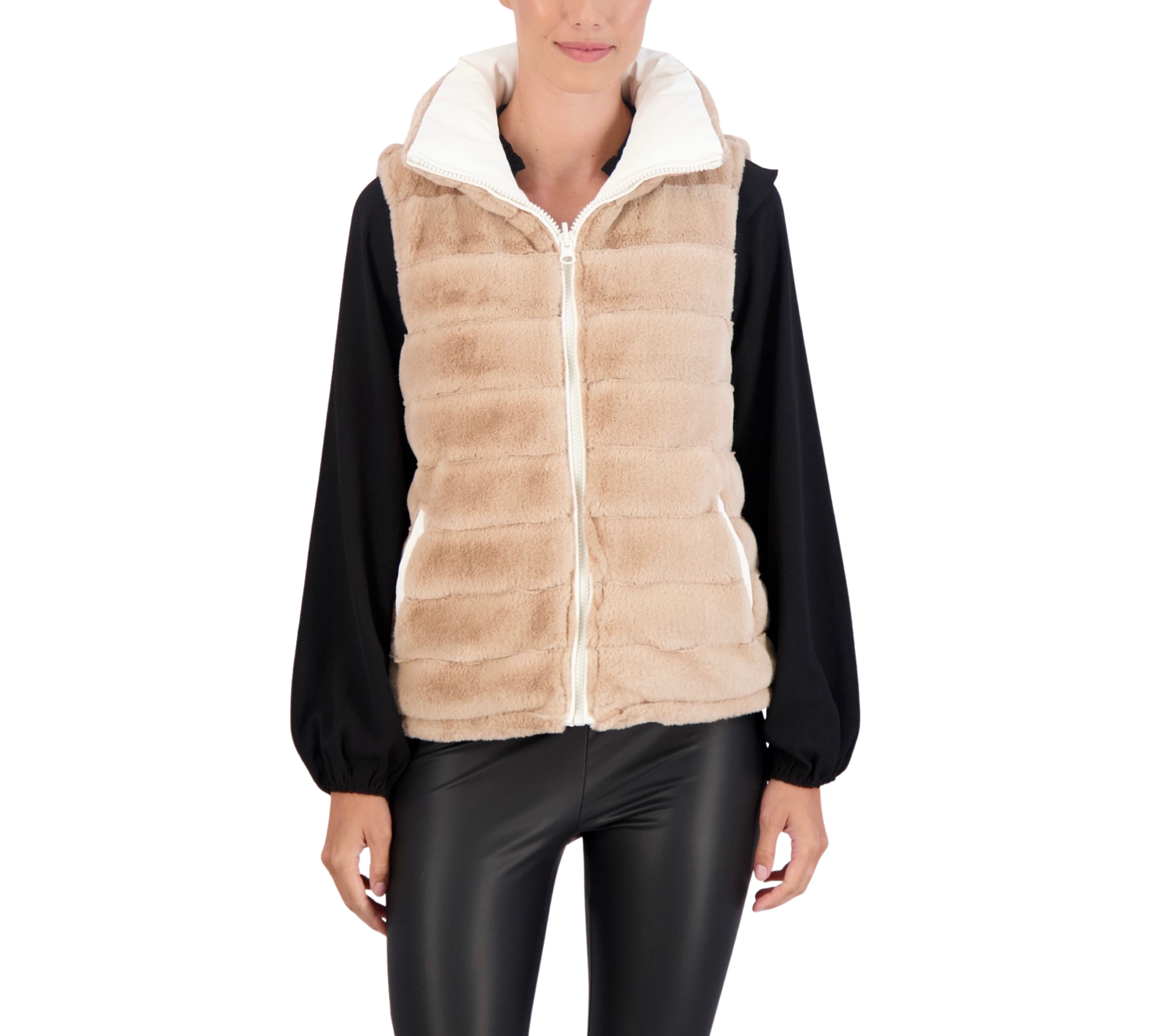 Carbon Puffer Vest Reversible to Grooved Faux Fur