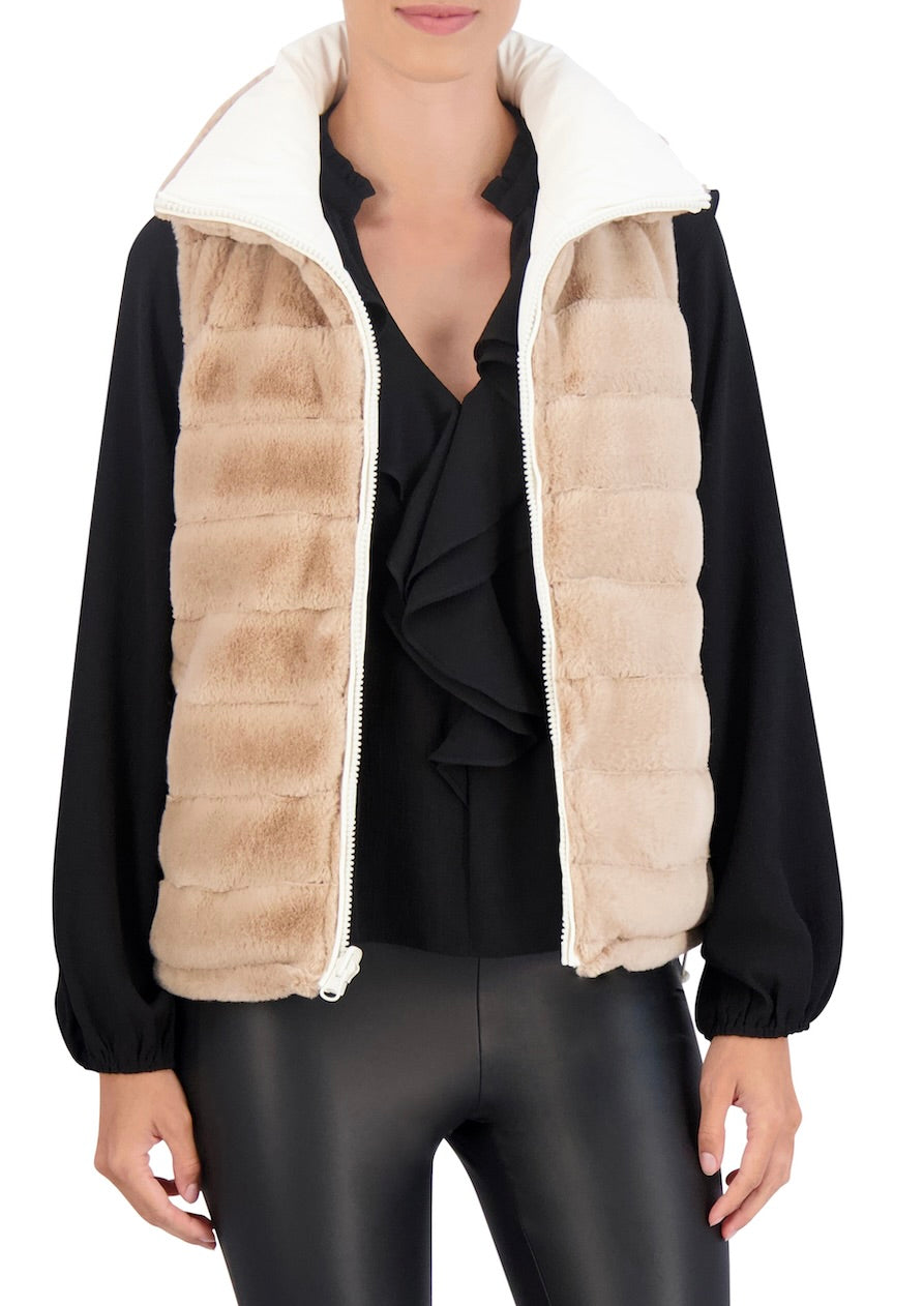 Carbon Puffer Vest Reversible to Grooved Faux Fur