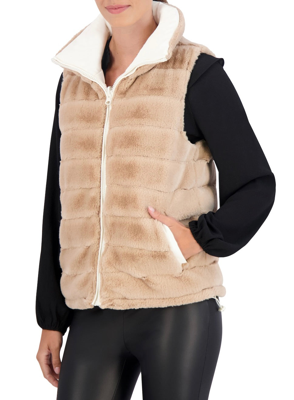 Carbon Puffer Vest Reversible to Grooved Faux Fur