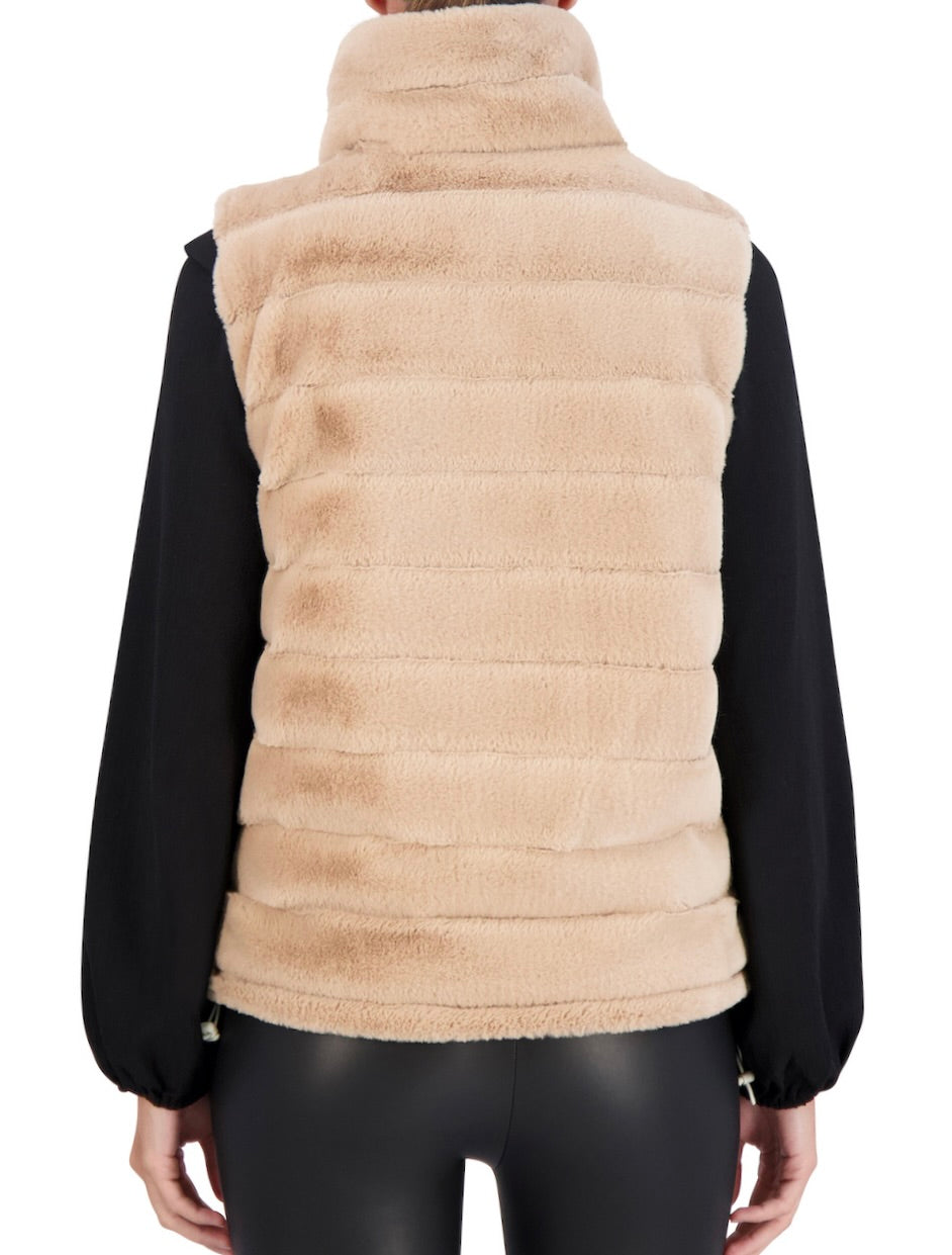 Carbon Puffer Vest Reversible to Grooved Faux Fur