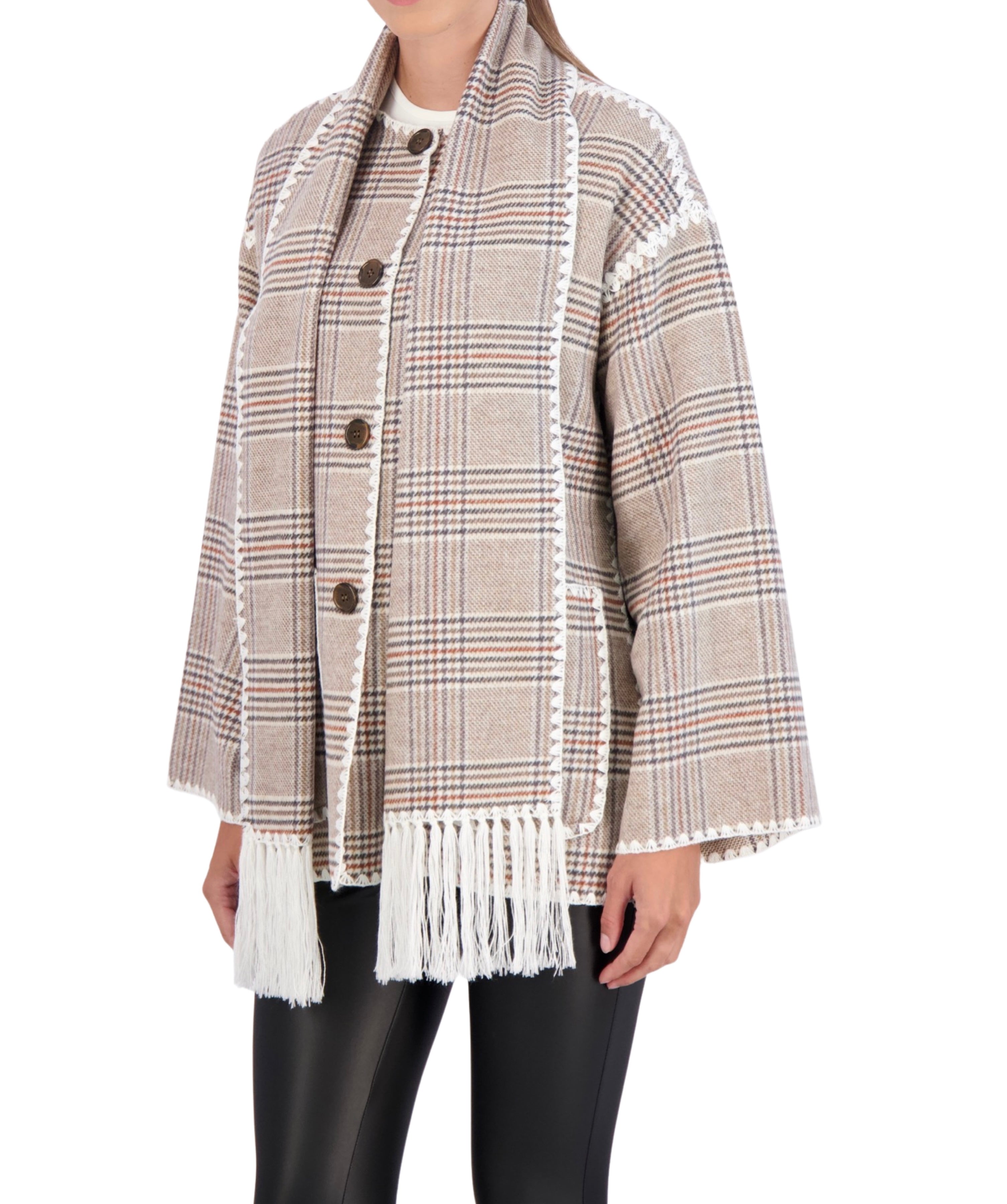 Vegan Cashmere Scarf Coat with Whipstitch Trim