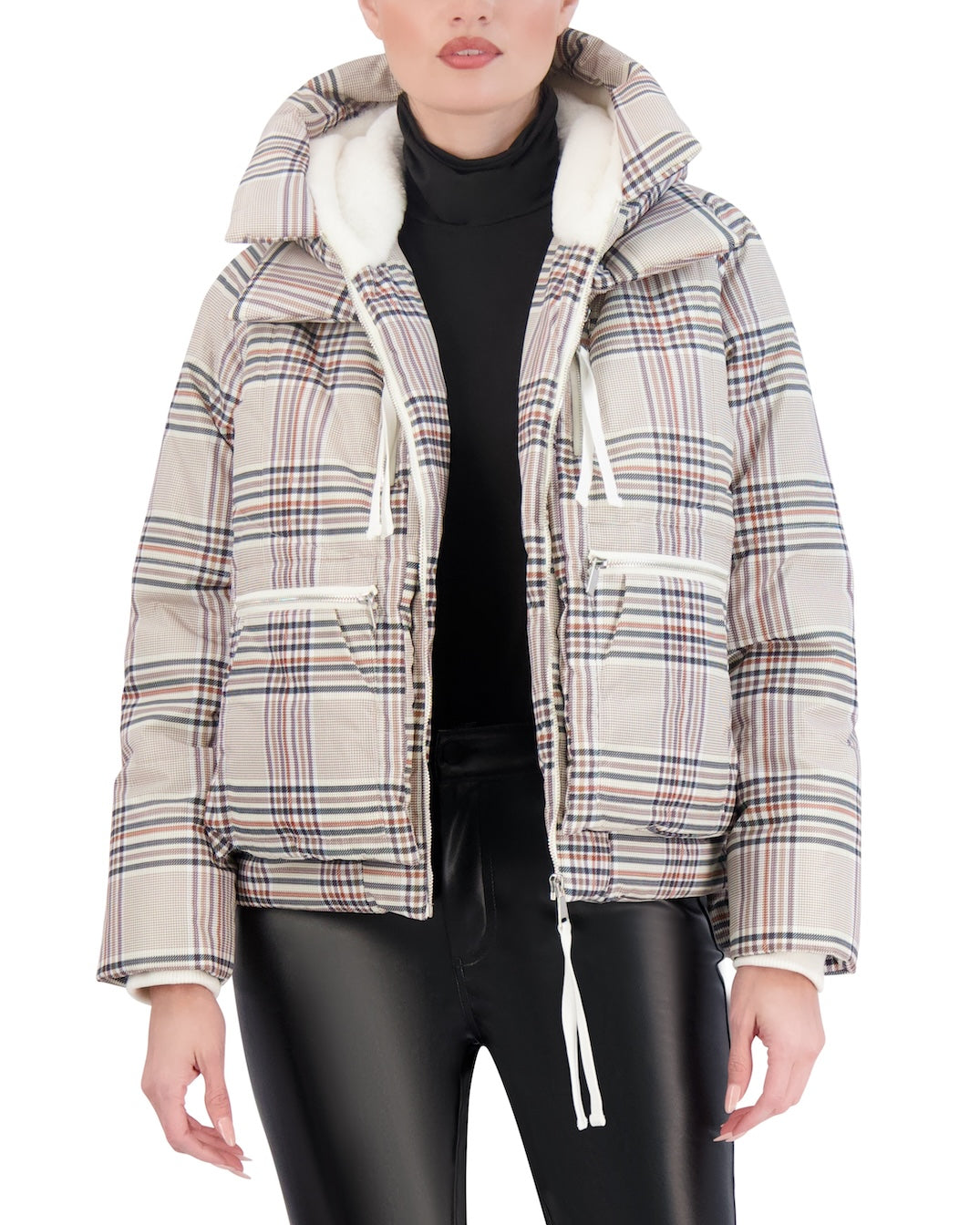 Cropped Plaid Utility Puffer