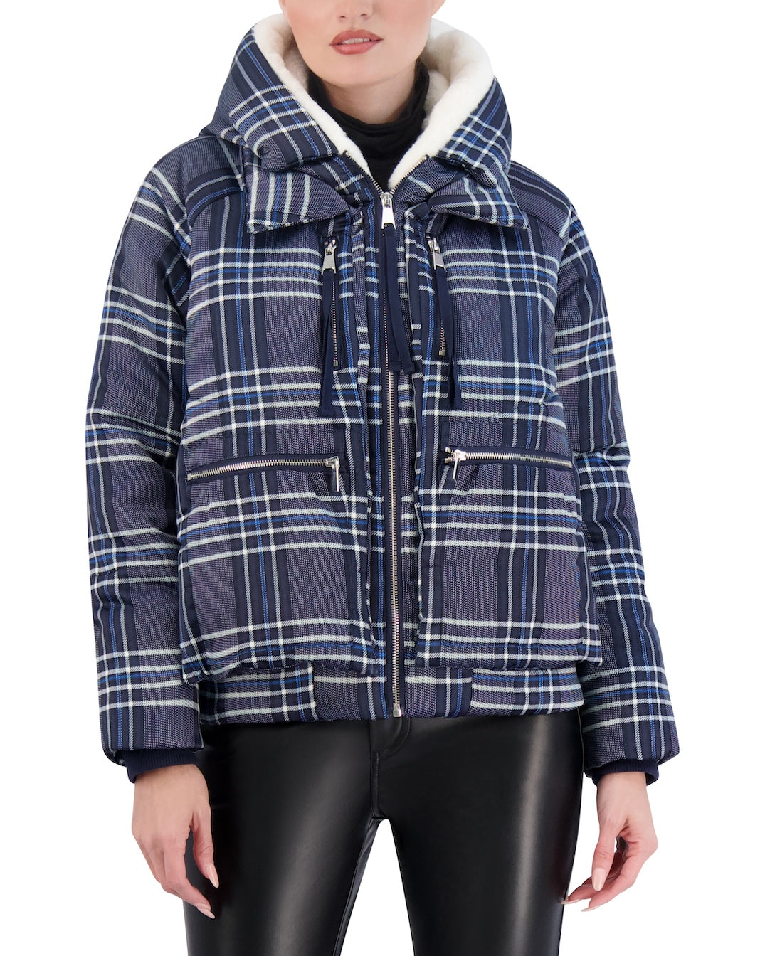 Cropped Plaid Utility Puffer