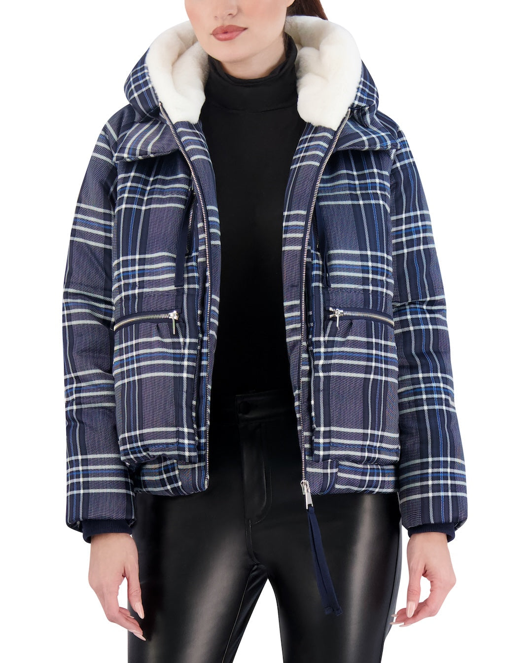 Cropped Plaid Utility Puffer