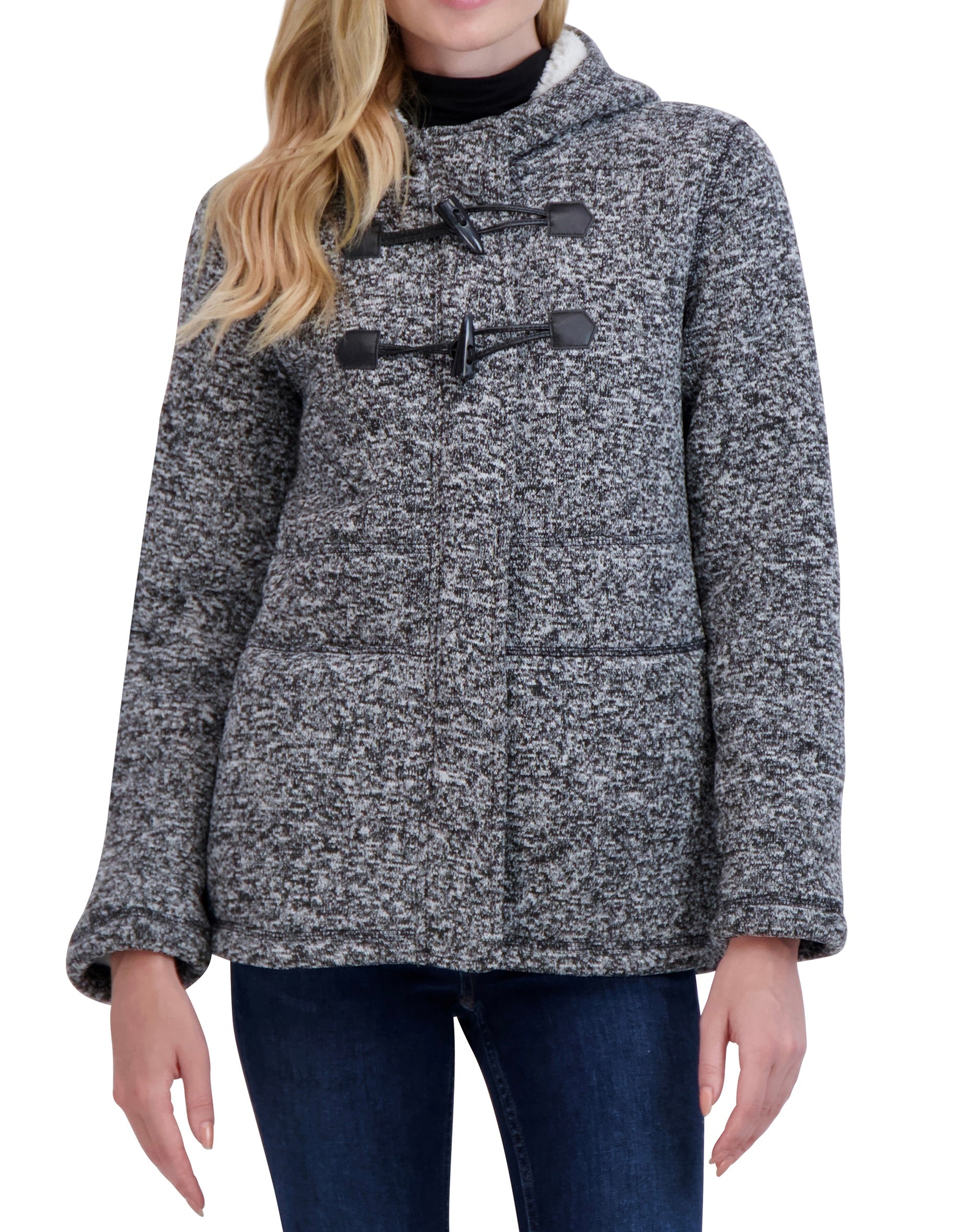Sweater Bonded to Sherpa - Hooded Zip Front Jacket with Toggle Closure