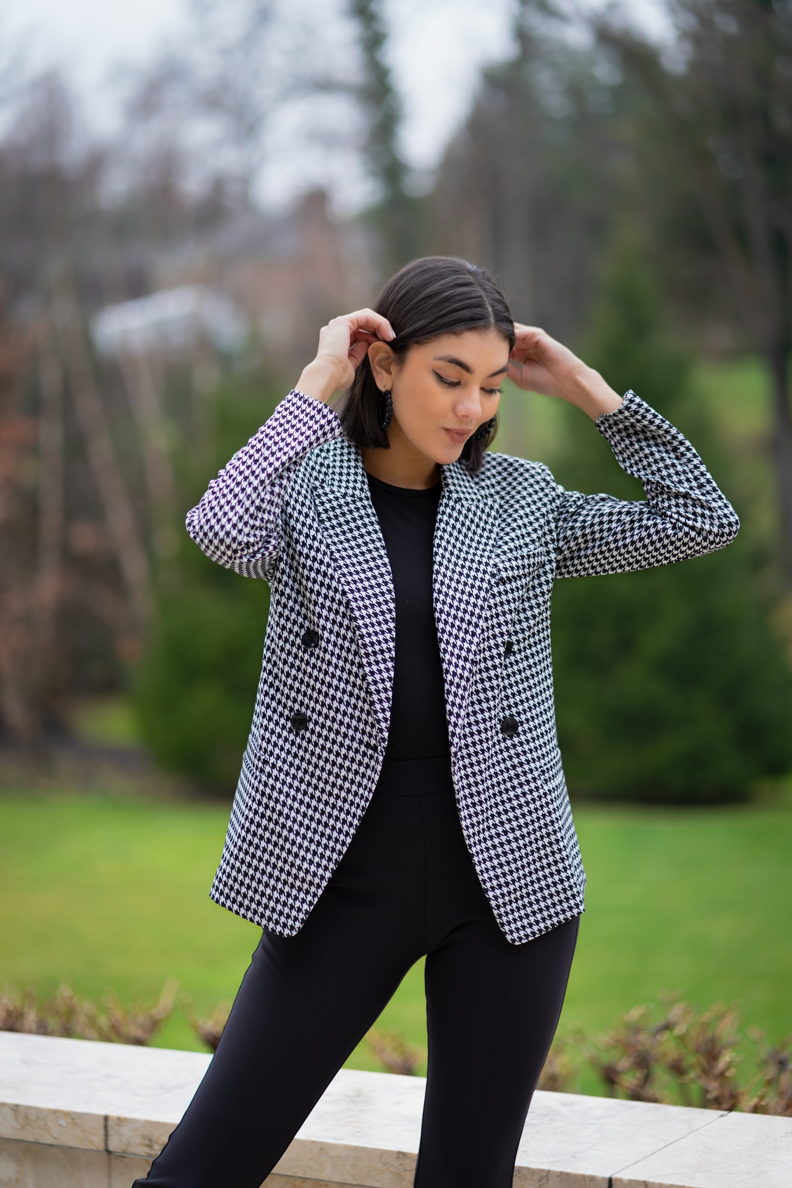 Double Breasted Plaid Knit Unlined Blazer
