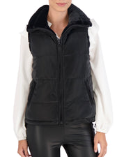 Carbon Puffer Vest Reversible to Grooved Faux Fur