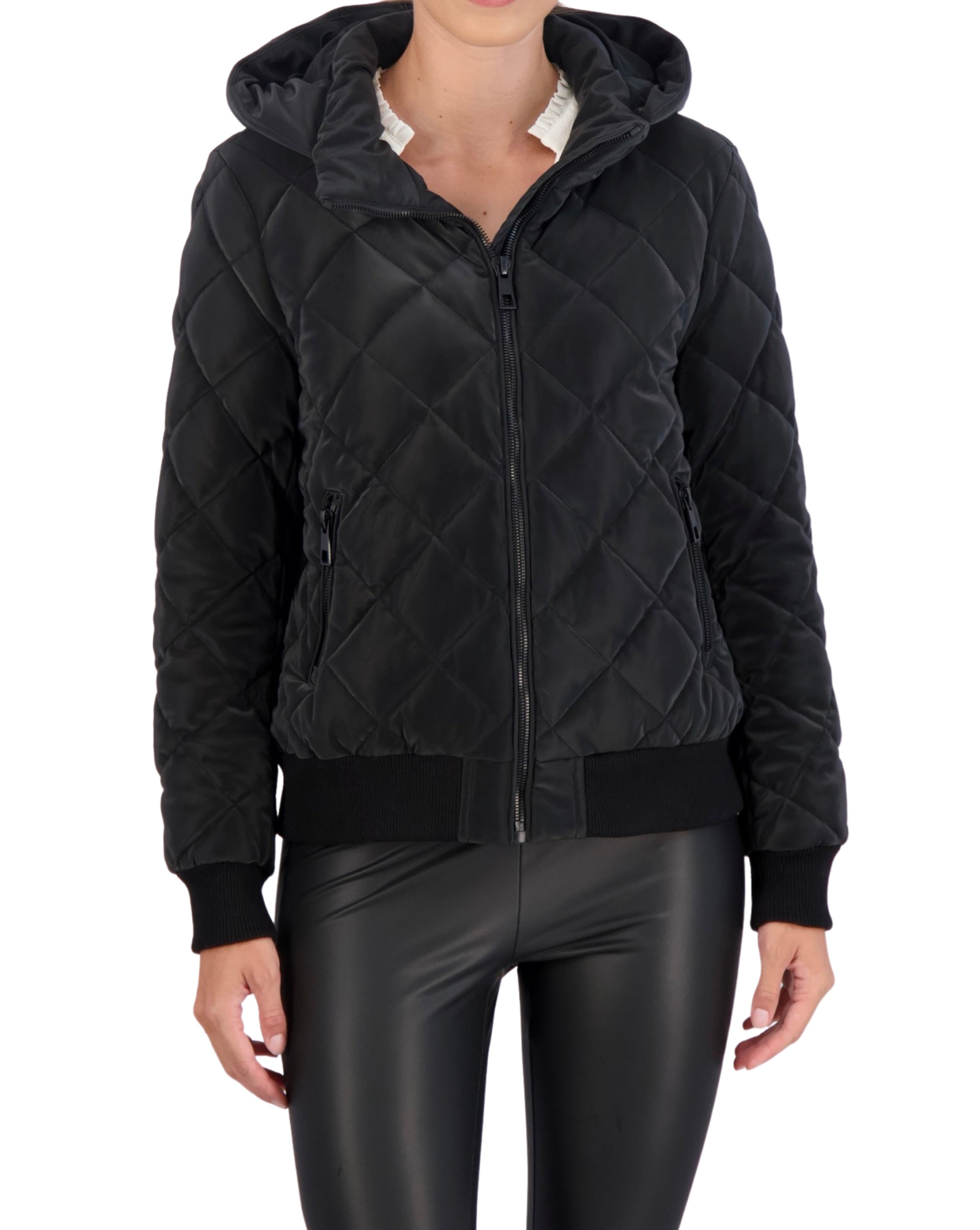 Hooded Quilted Carbon Puffer Bomber Jacket