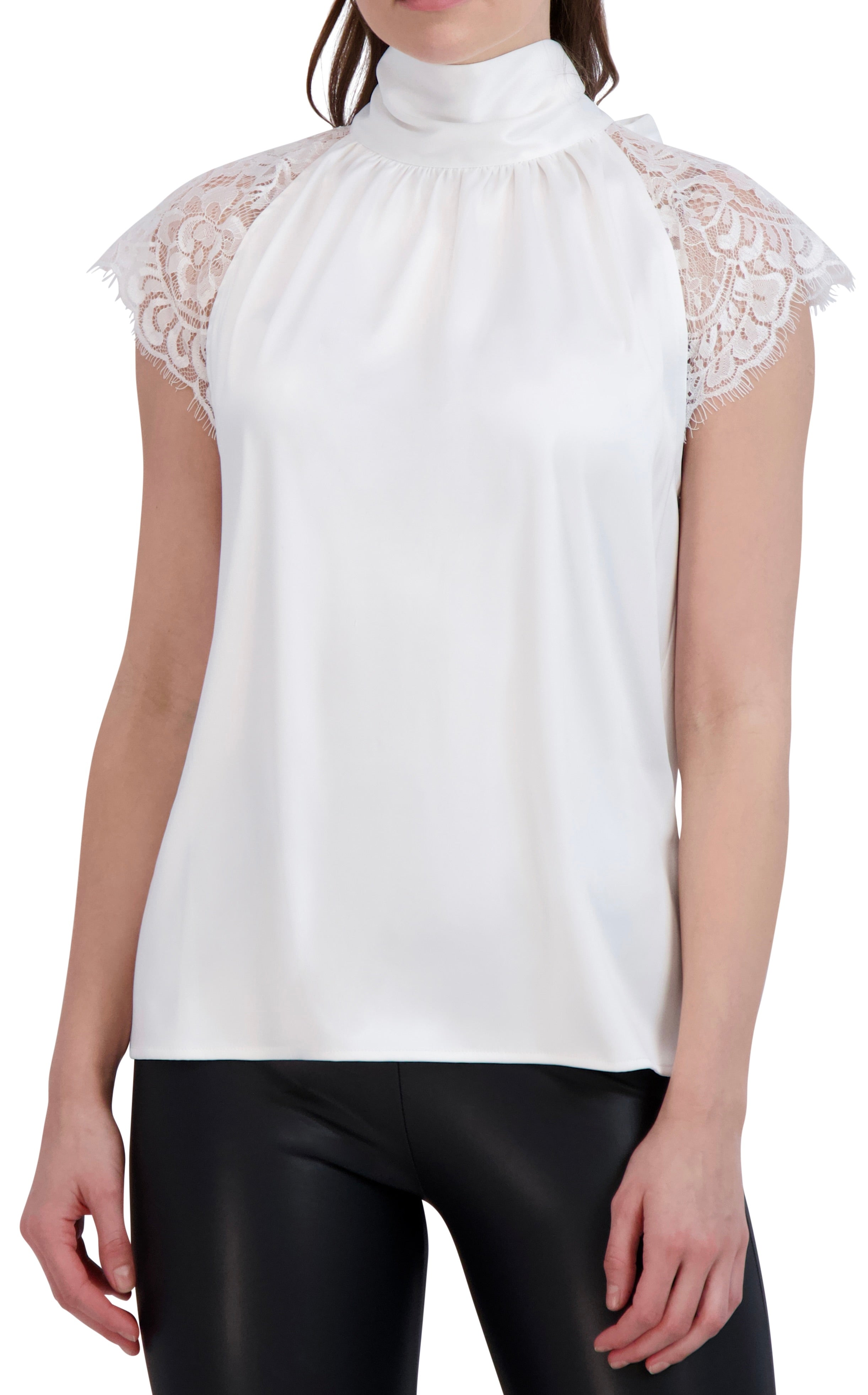 OL623006 - Sleeveless satin, tie back turtleneck with lace trim - Ookie & Lala