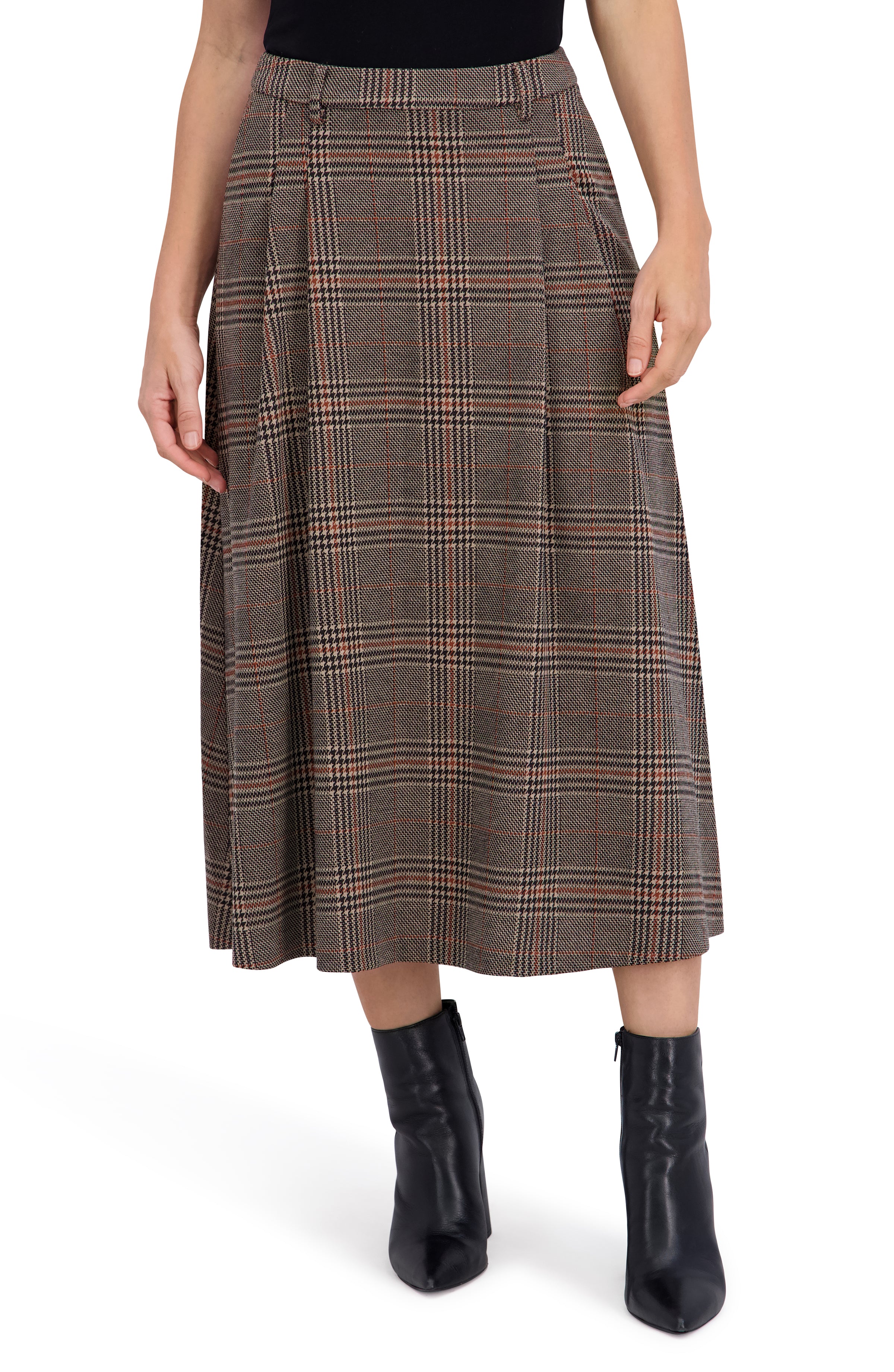 Plaid Midi with Front Pleats and Side Pockets