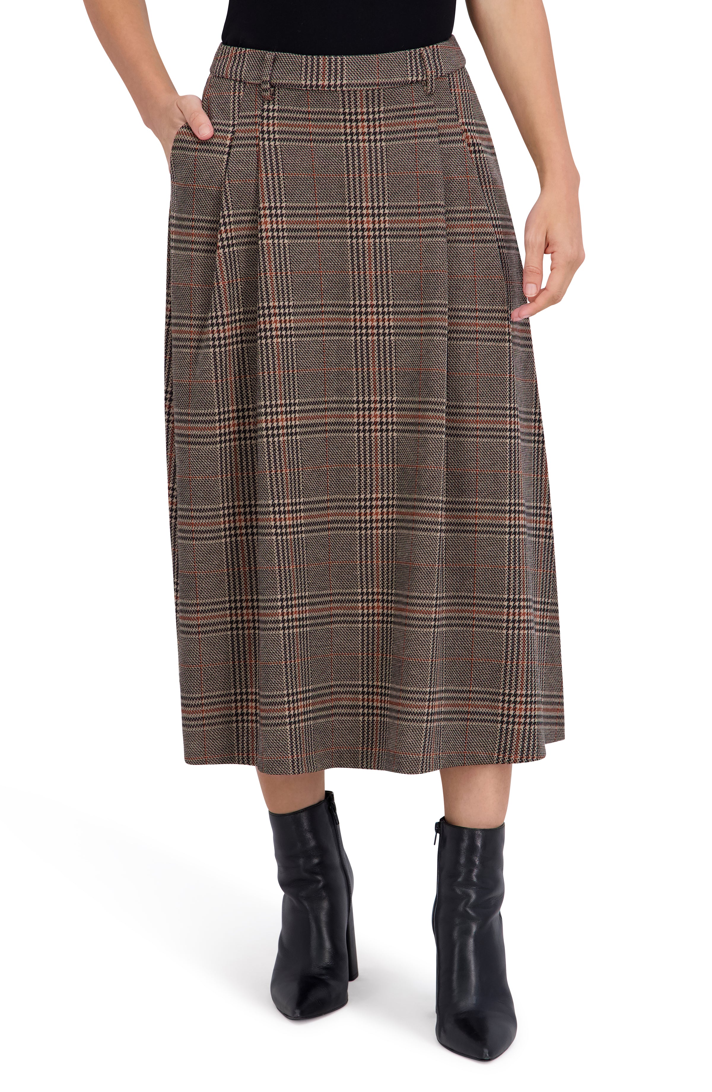 Plaid Midi with Front Pleats and Side Pockets