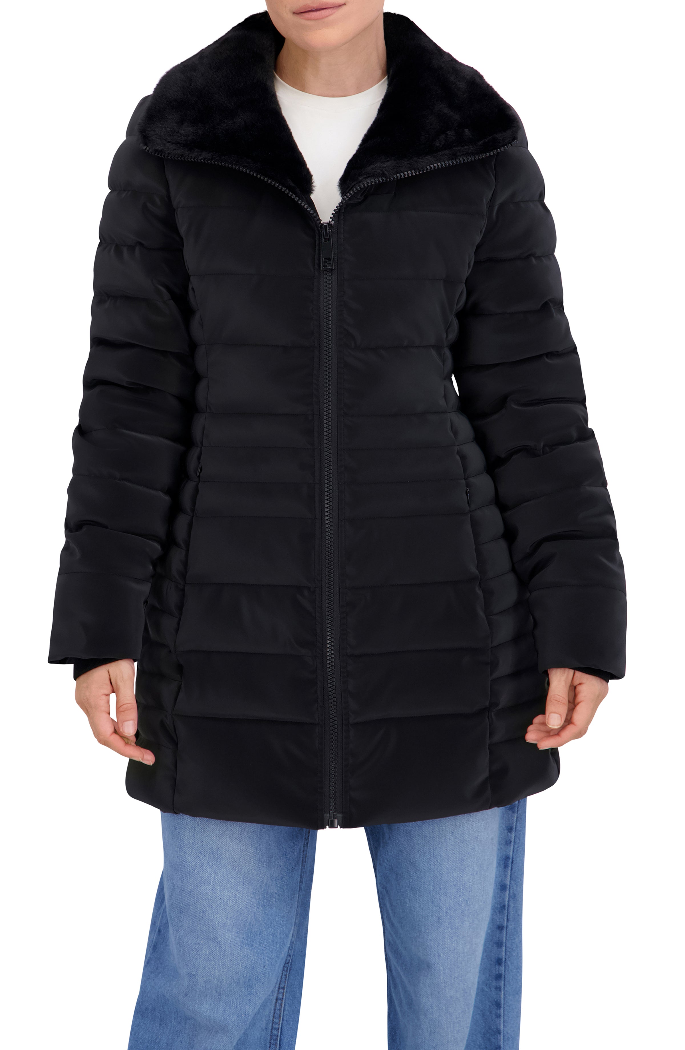 Quilted Carbon Puffer Stadium Coat w/Faux Fur Collar
