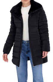 Quilted Carbon Puffer Stadium Coat w/Faux Fur Collar