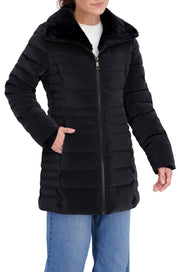 Quilted Carbon Puffer Stadium Coat w/Faux Fur Collar