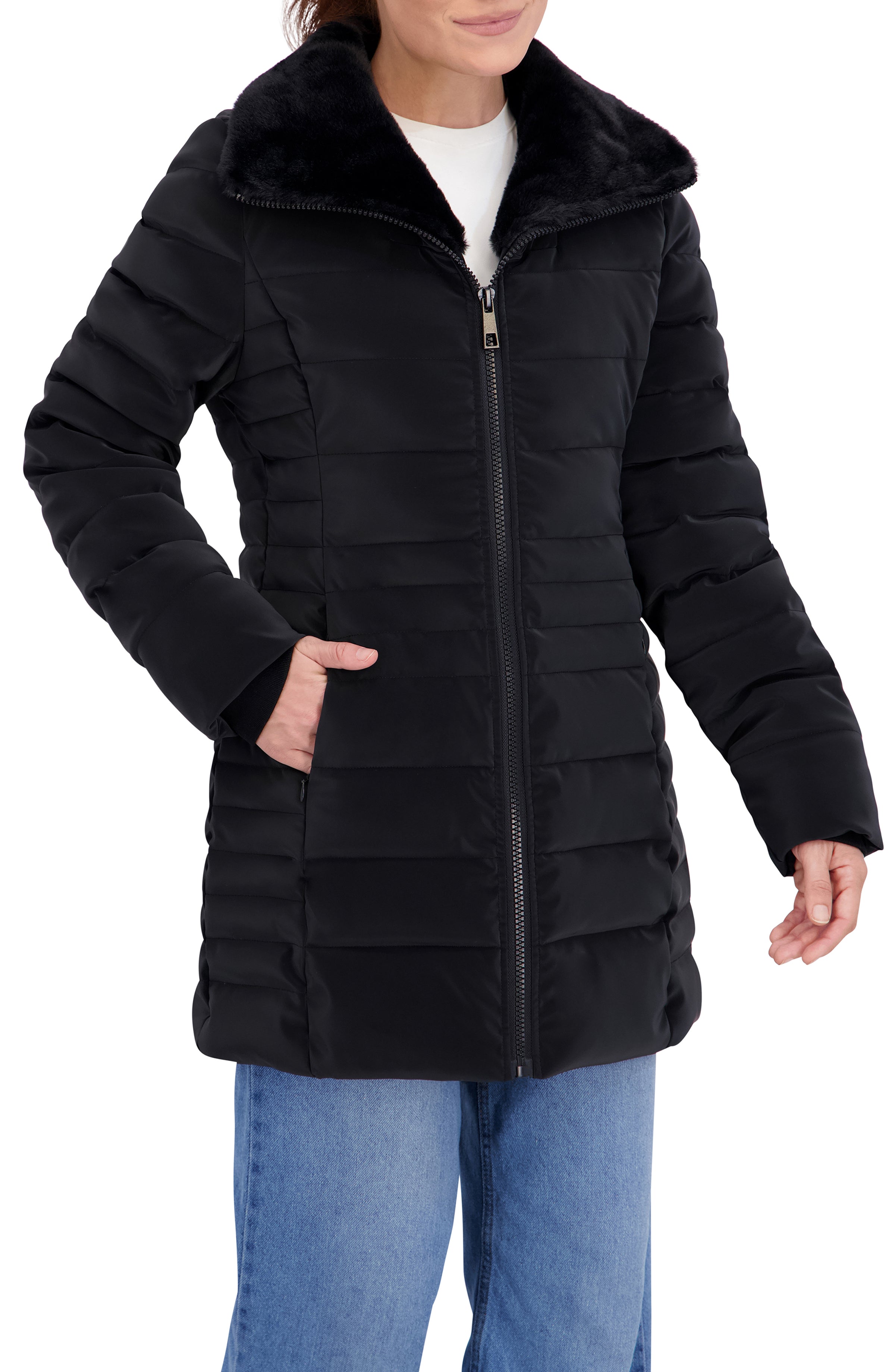 Quilted Carbon Puffer Stadium Coat w/Faux Fur Collar