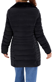 Quilted Carbon Puffer Stadium Coat w/Faux Fur Collar