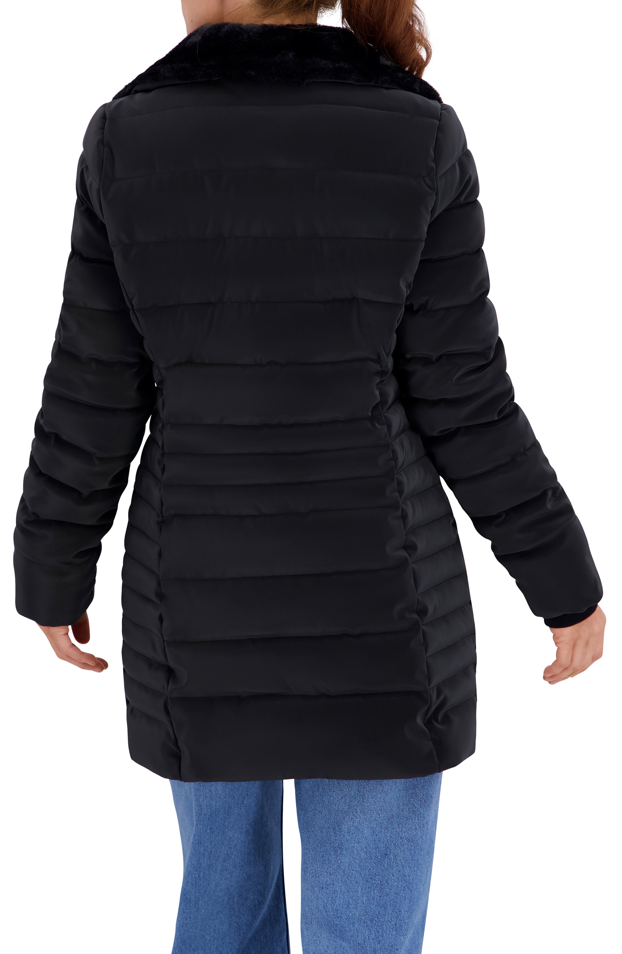 Quilted Carbon Puffer Stadium Coat w/Faux Fur Collar