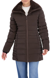 Quilted Carbon Puffer Stadium Coat w/Faux Fur Collar