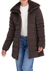 Quilted Carbon Puffer Stadium Coat w/Faux Fur Collar