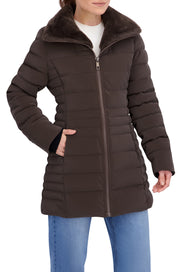 Quilted Carbon Puffer Stadium Coat w/Faux Fur Collar