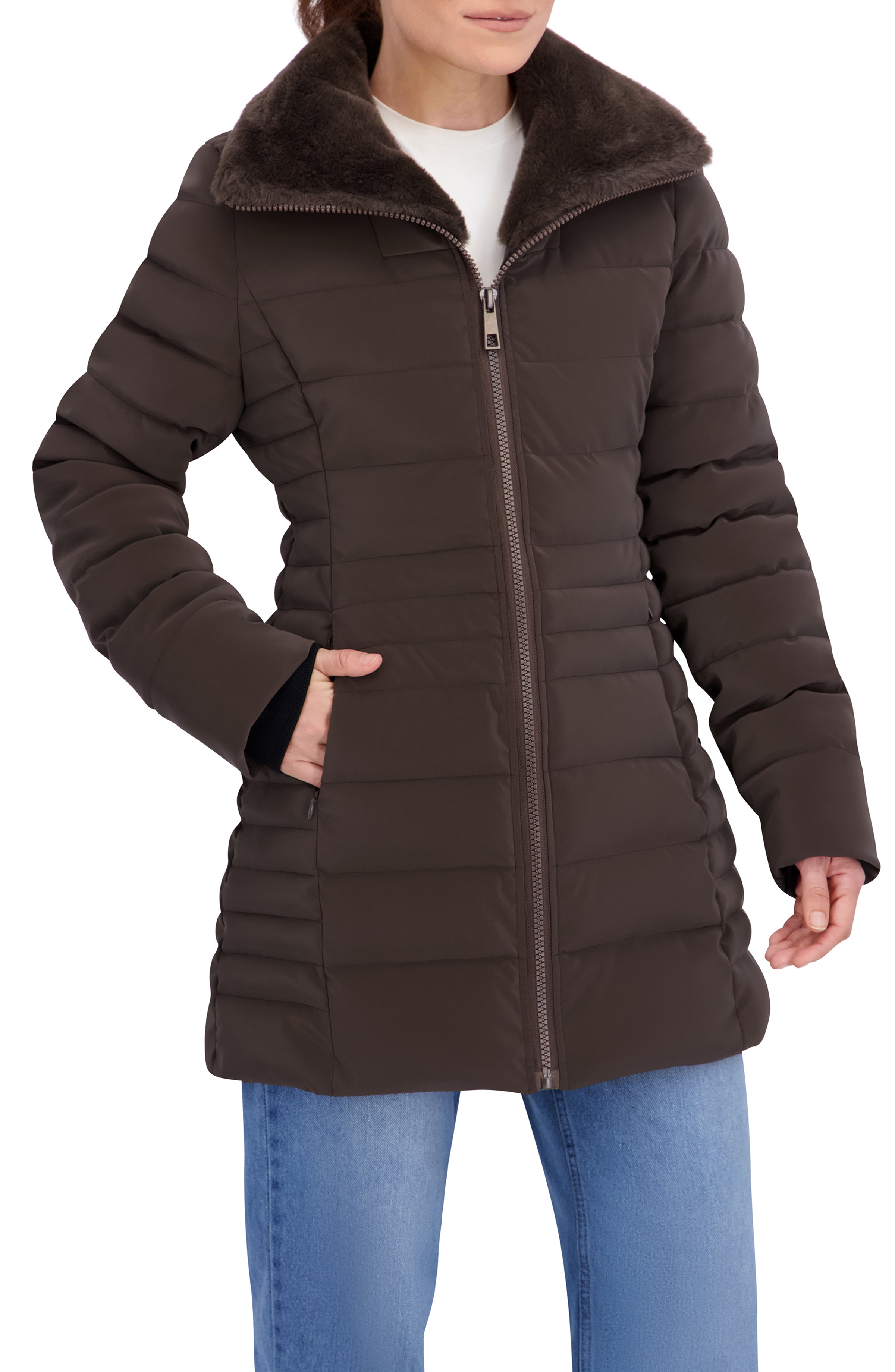 Quilted Carbon Puffer Stadium Coat w/Faux Fur Collar