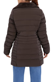 Quilted Carbon Puffer Stadium Coat w/Faux Fur Collar