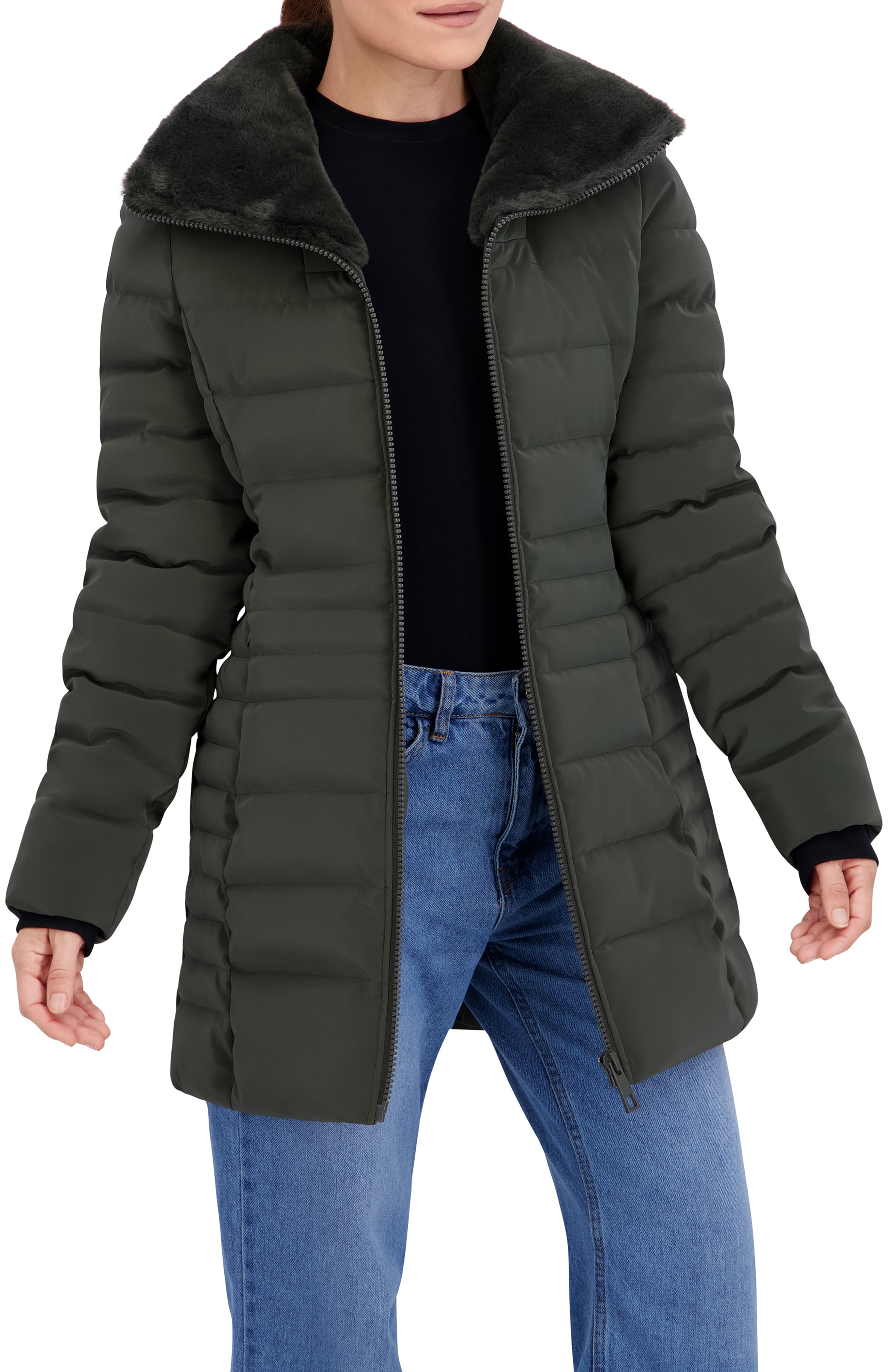 Quilted Carbon Puffer Stadium Coat w/Faux Fur Collar