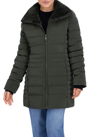 Quilted Carbon Puffer Stadium Coat w/Faux Fur Collar